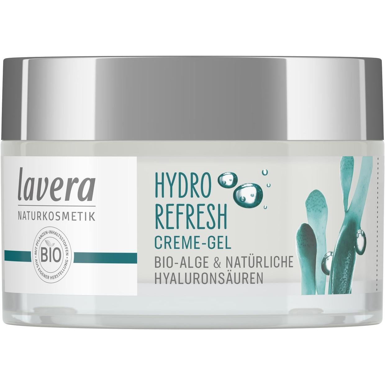 Glasbehälter mit Lavera Hydro Refresh Creme-Gel, enthält Bio-Algen und natürliche Hyaluronsäuren, silberner Deckel.