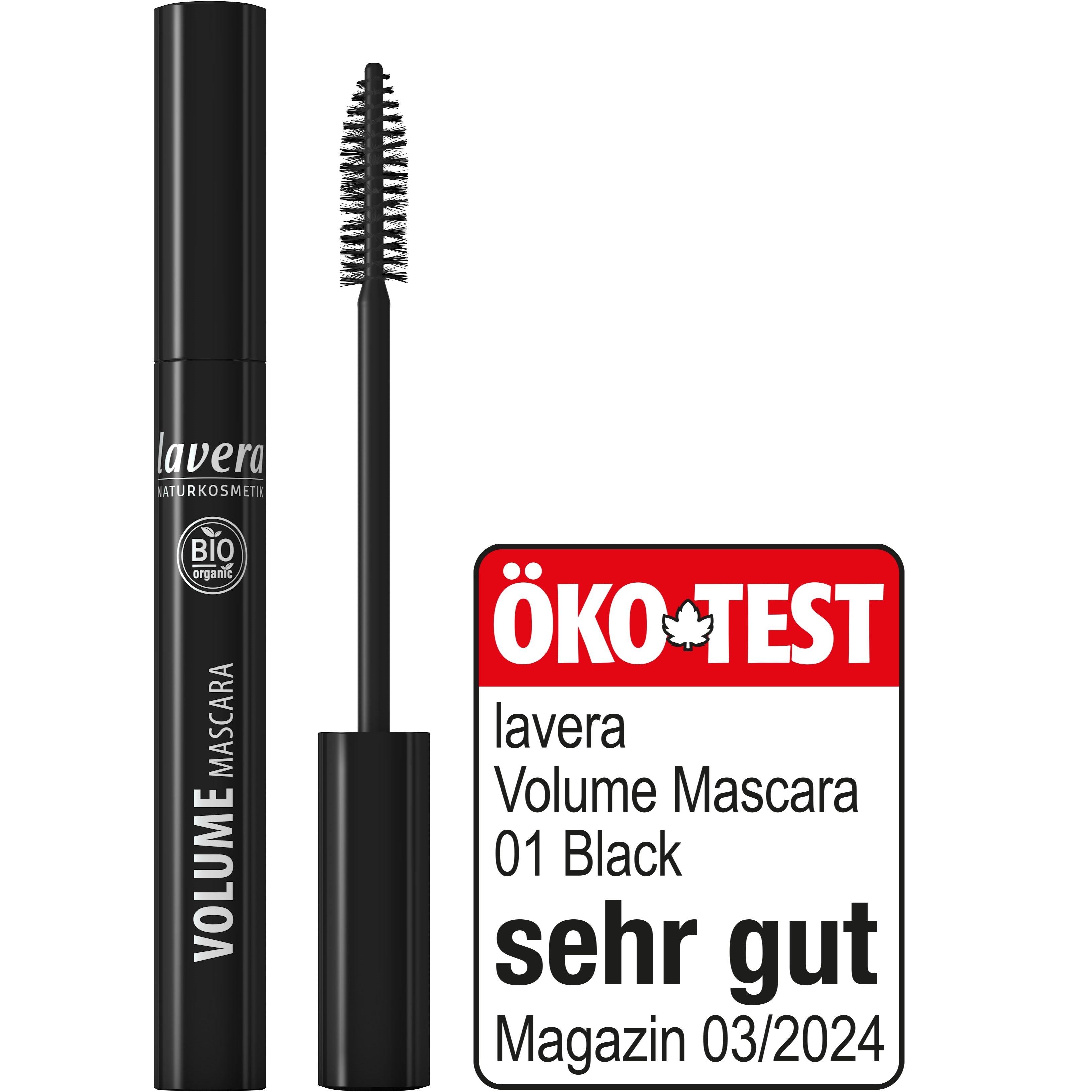 Schwarze Lavera Volume Mascara mit geöffnetem Bürstchen und ÖKO-TEST-Siegel „sehr gut“ für März 2024.