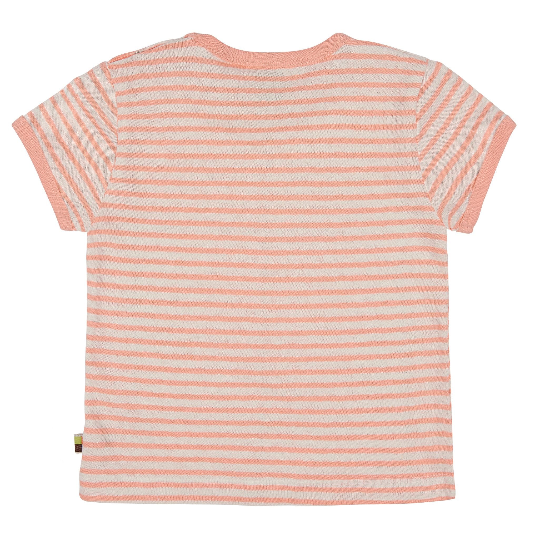 Kurzärmeliges Kinder-T-Shirt mit hellrosa und weißen Querstreifen, von hinten gesehen. Das Shirt hat einen Rundhalsausschnitt und scheint aus einem weichen Stoff gefertigt zu sein.