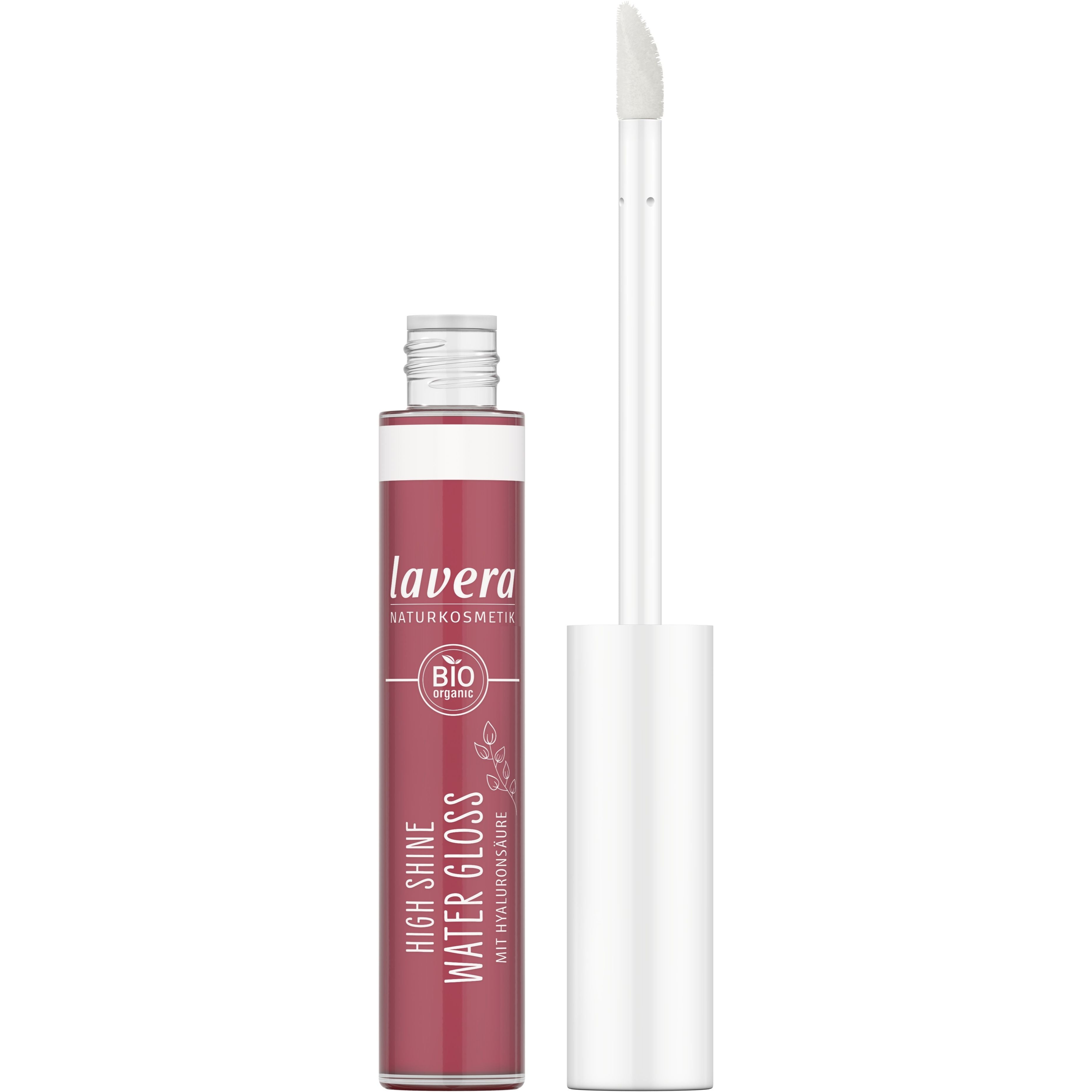 Eine Lipgloss-Flasche mit Applikator, beschriftet mit "lavera Naturkosmetik Bio Organic" und "High Shine Water Gloss".