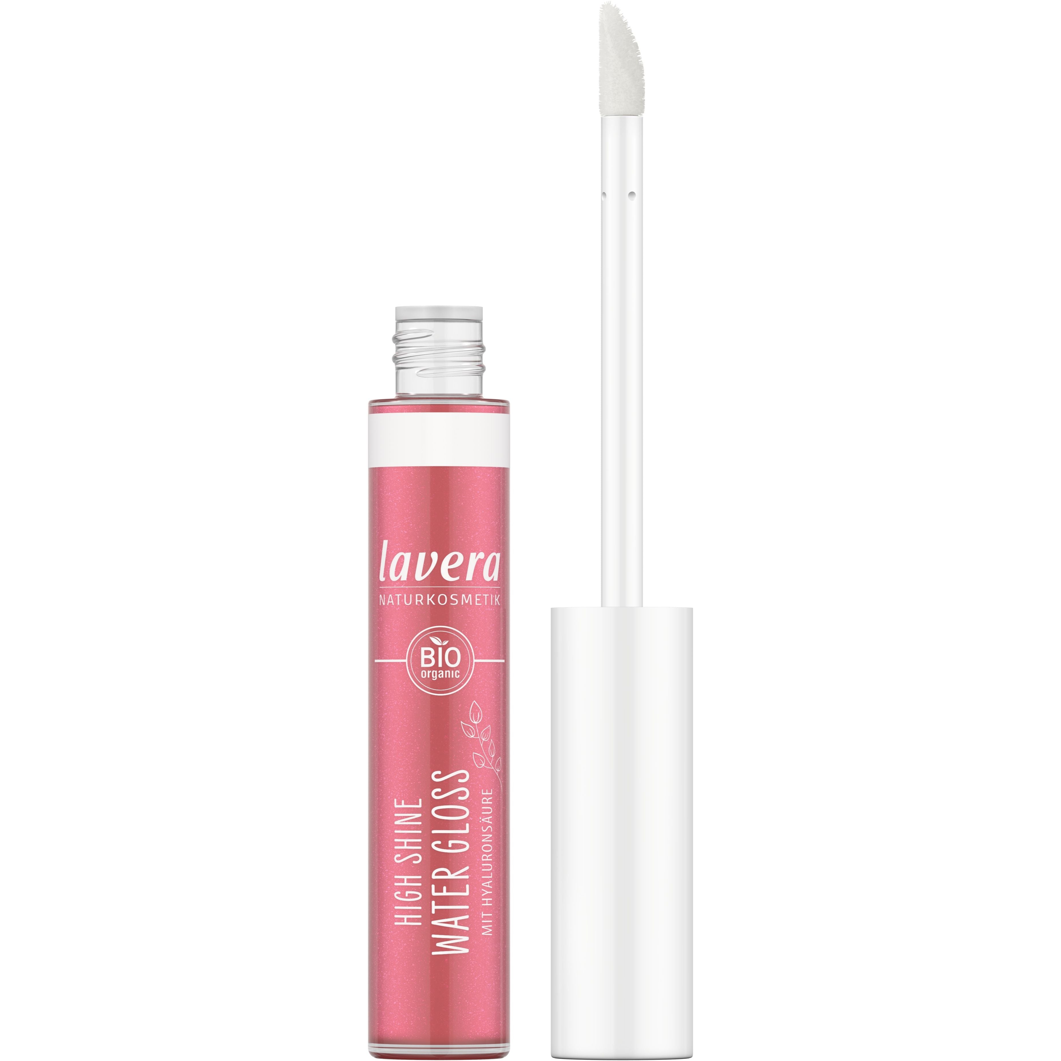 Rosa Lipgloss-Flasche von Lavera Naturkosmetik mit weißem Applikator daneben, enthaltenes Produkt: High Shine Water Gloss.