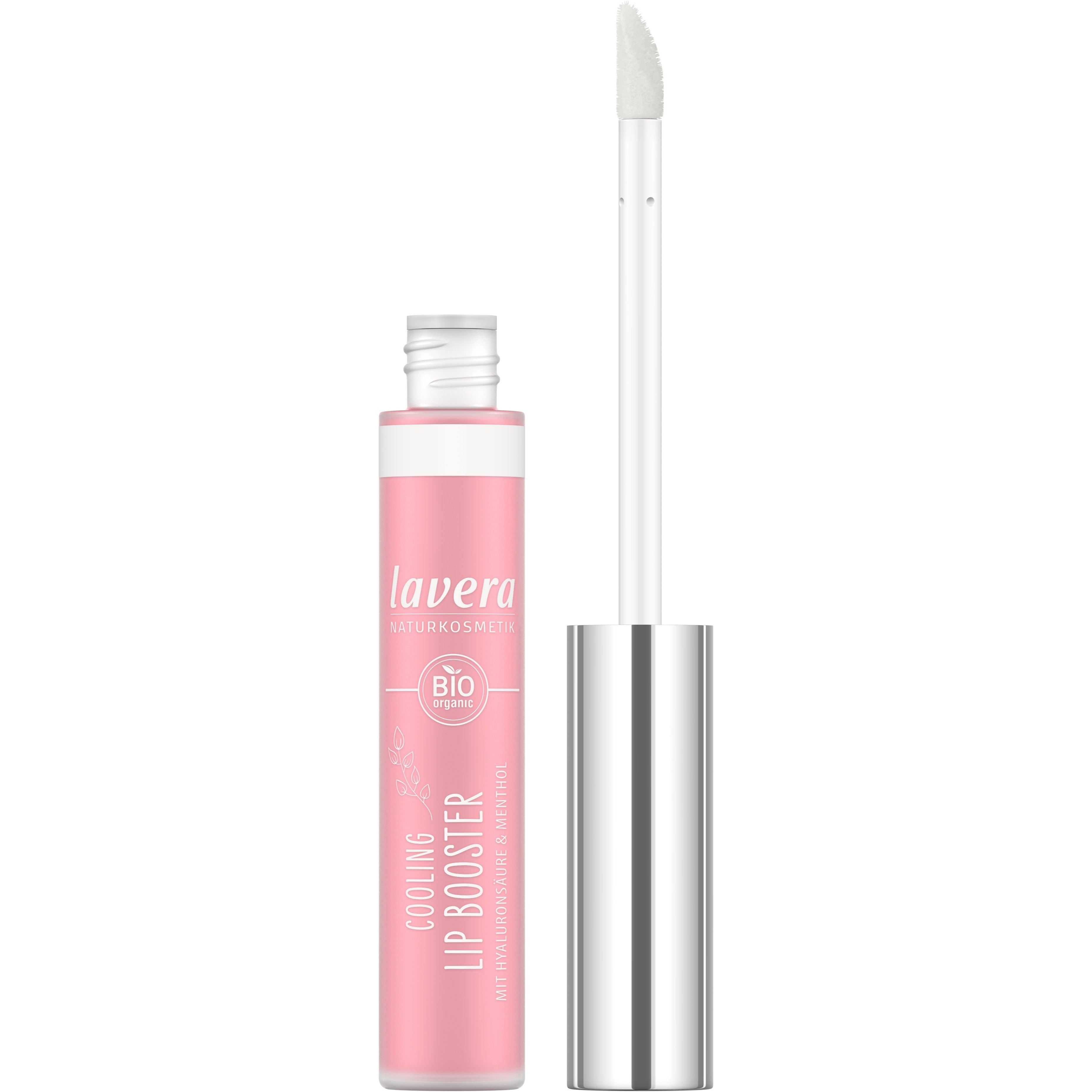 Rosa Lipgloss-Fläschchen mit silbernem Applikator, beschriftet mit "lavera Naturkosmetik" und "Cooling Lip Booster".