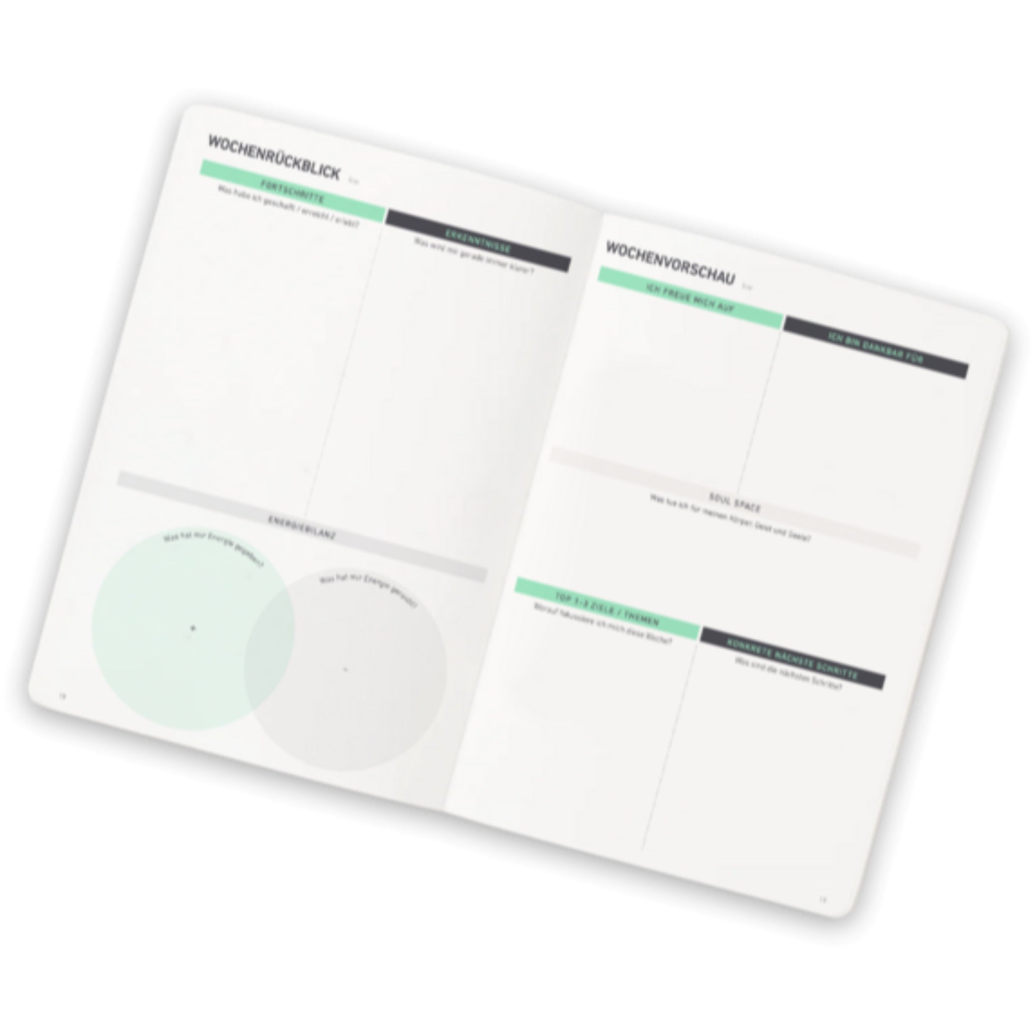 Doppelseite eines Planers mit Abschnitten für Wochenrückblick und Wochenvorschau, inklusive Freuden, Herausforderungen und Zielen.