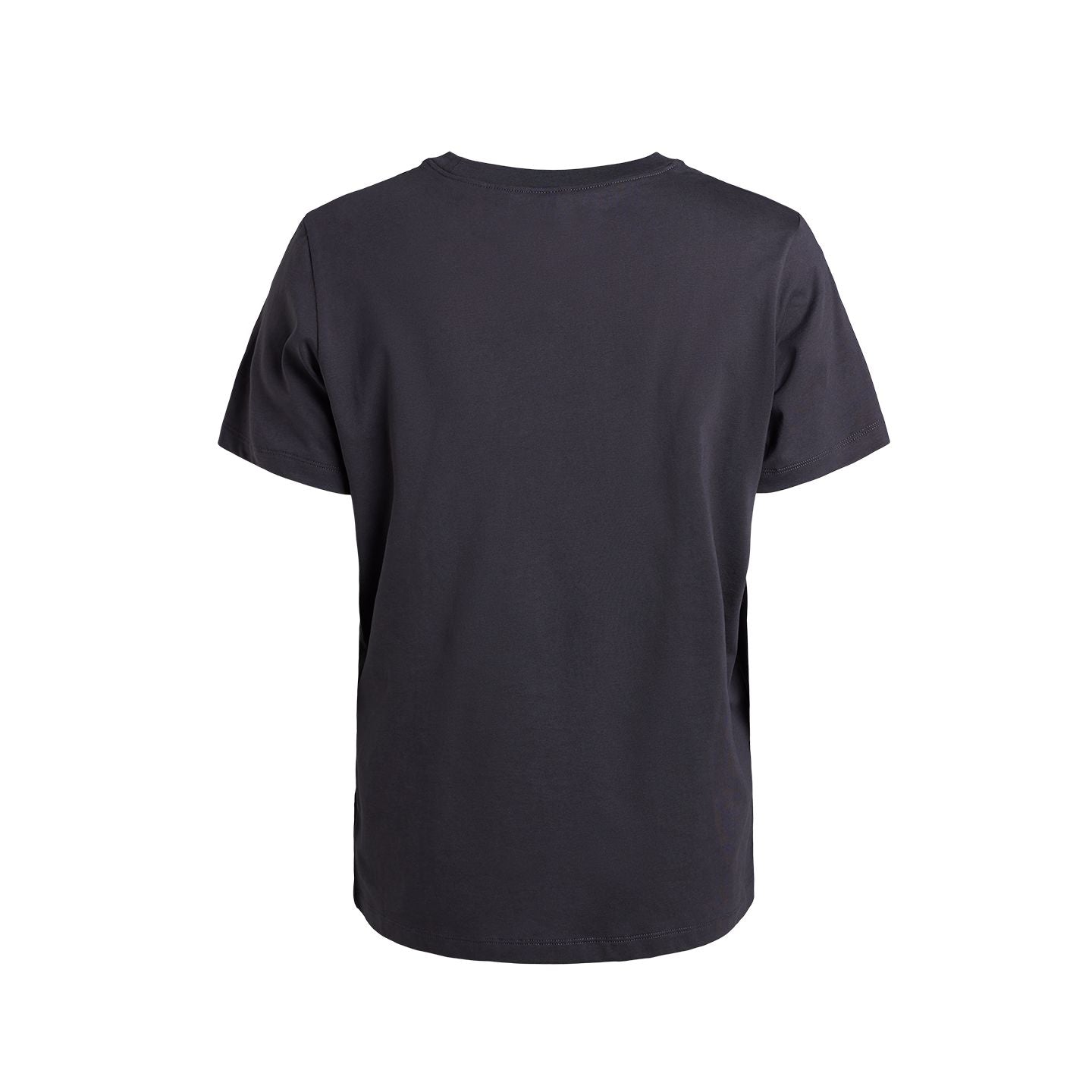 Schwarzes T-Shirt, von hinten fotografiert, zeigt kurzen Ärmel und glattes Material.