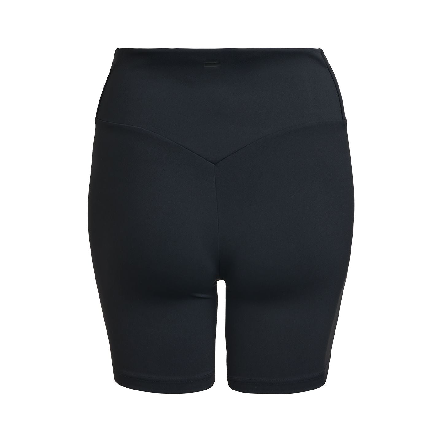 Schwarze, eng anliegende Shorts in Rückansicht, mit hohem Bund und nahtlosem Design.