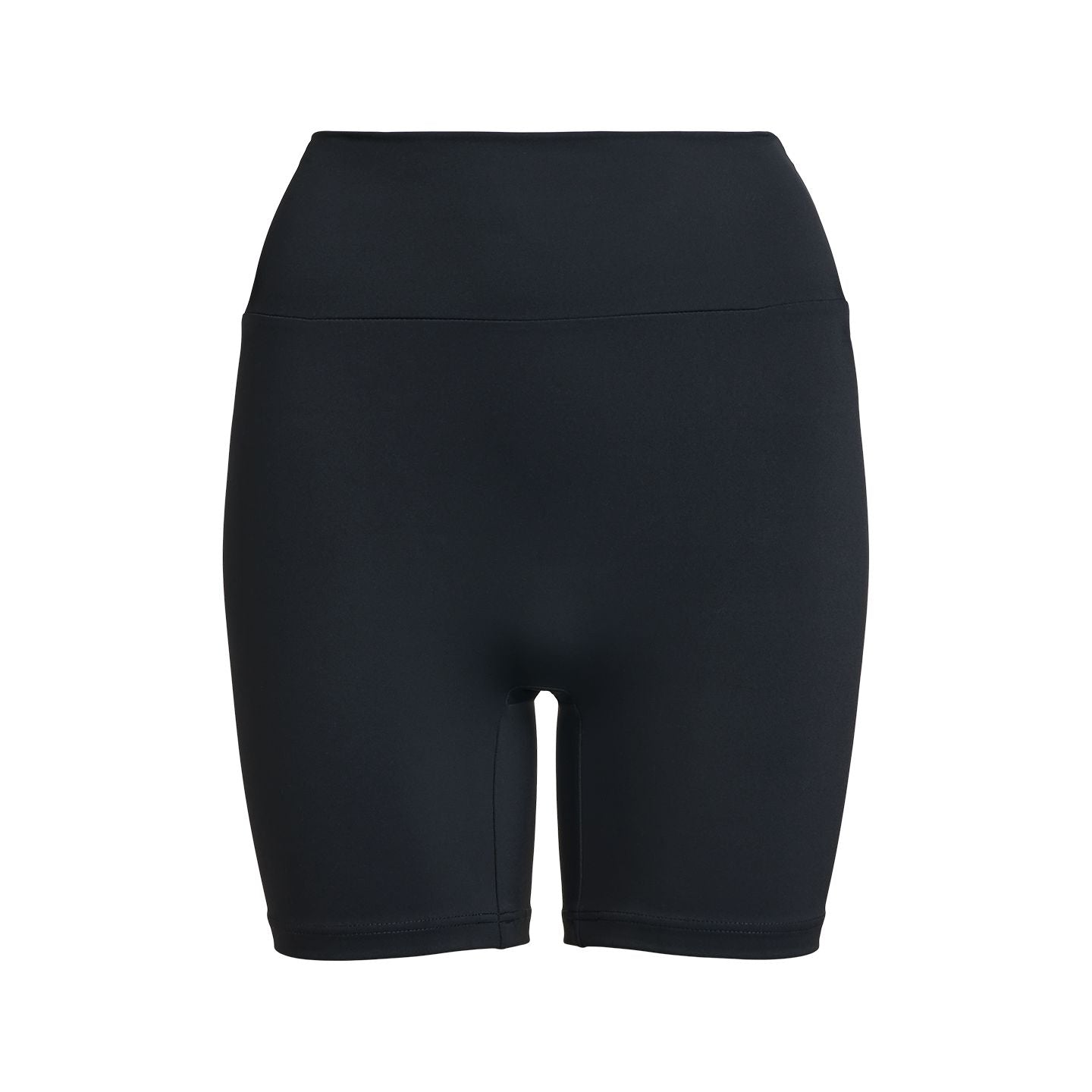 Schwarze, eng anliegende Sportshorts mit hohem Bund, von vorne abgebildet.