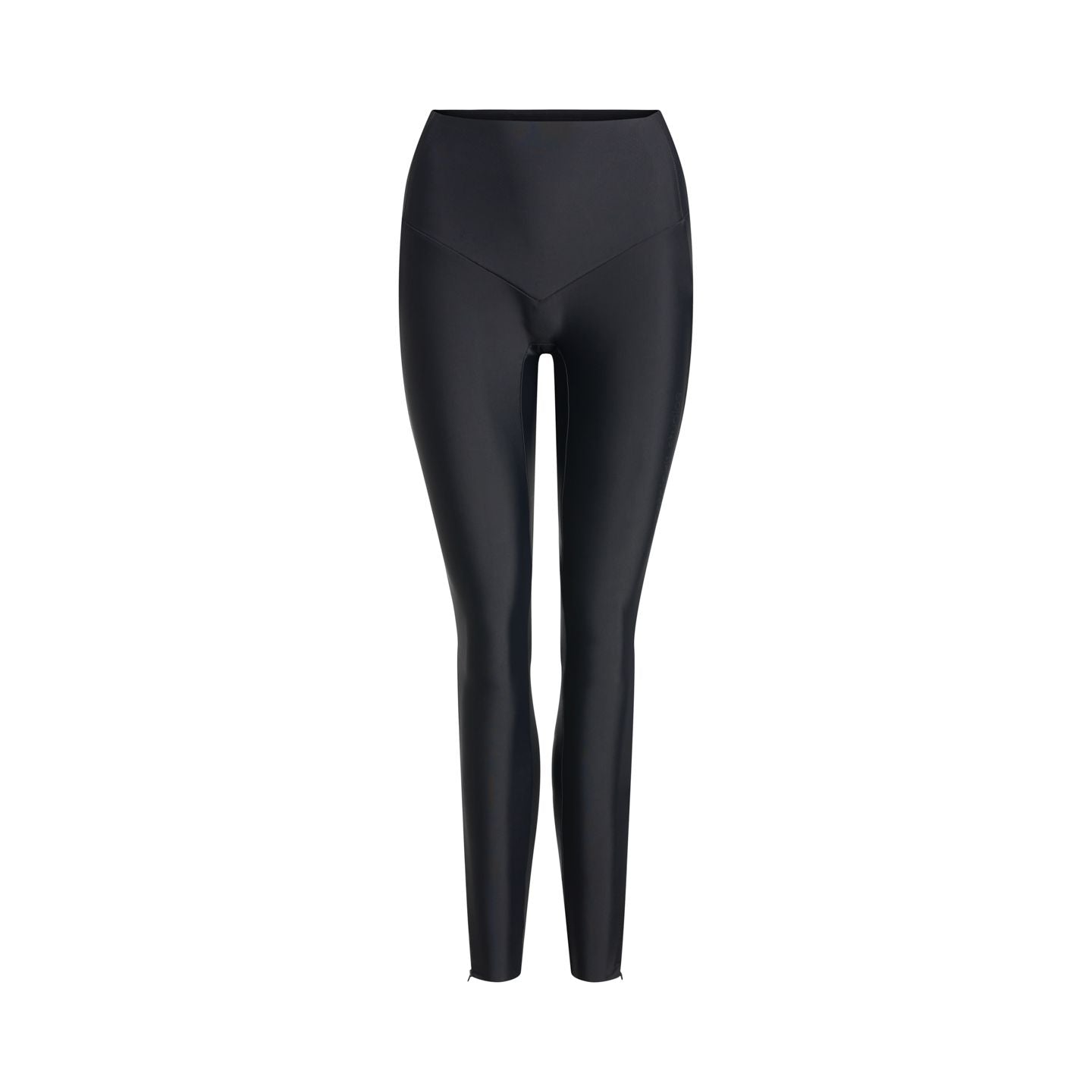 Schwarze, glänzende Leggings aus Lederimitat, frontal abgebildet auf weißem Hintergrund.