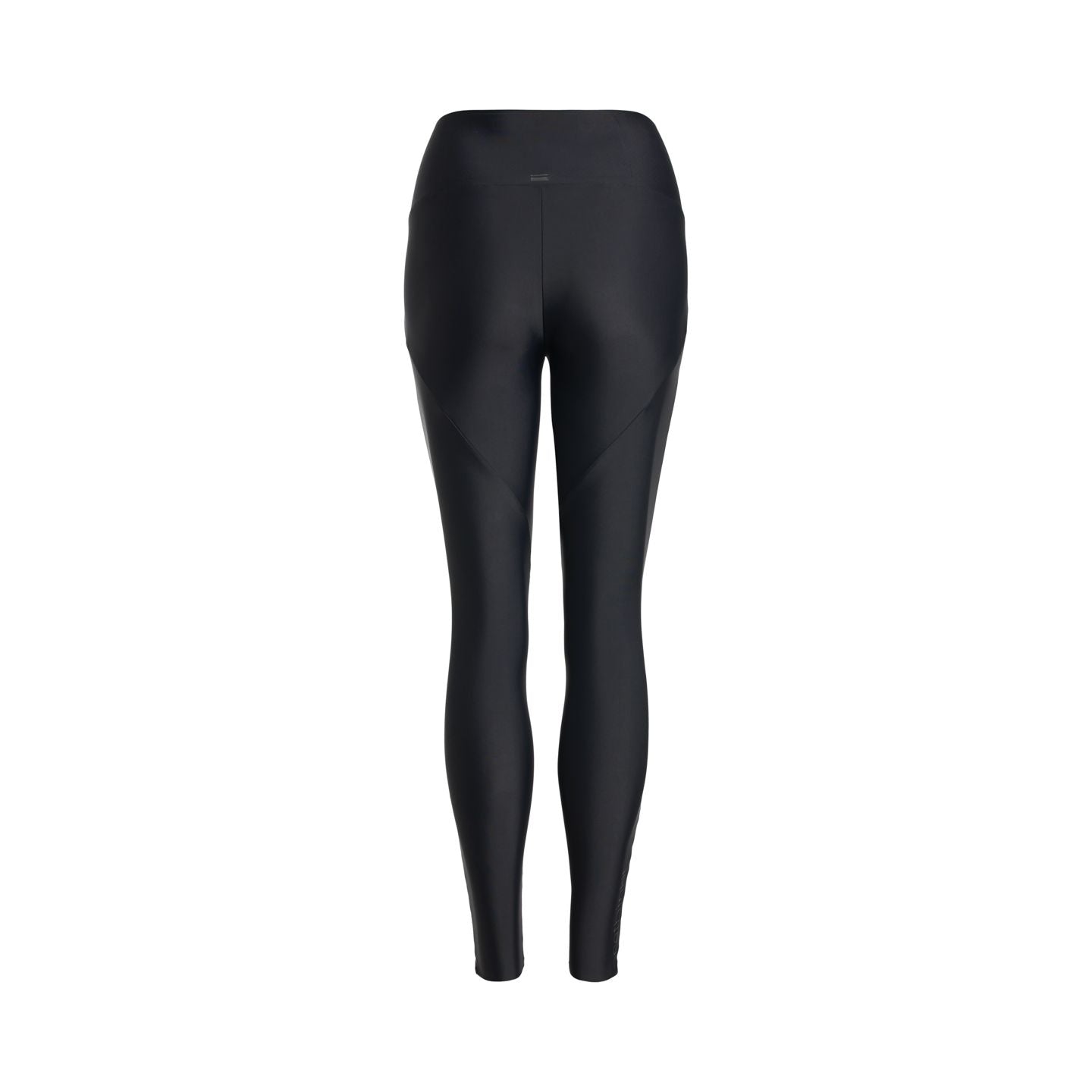 Schwarze Leggings aus elastischem Material, von hinten fotografiert, auf weißem Hintergrund.