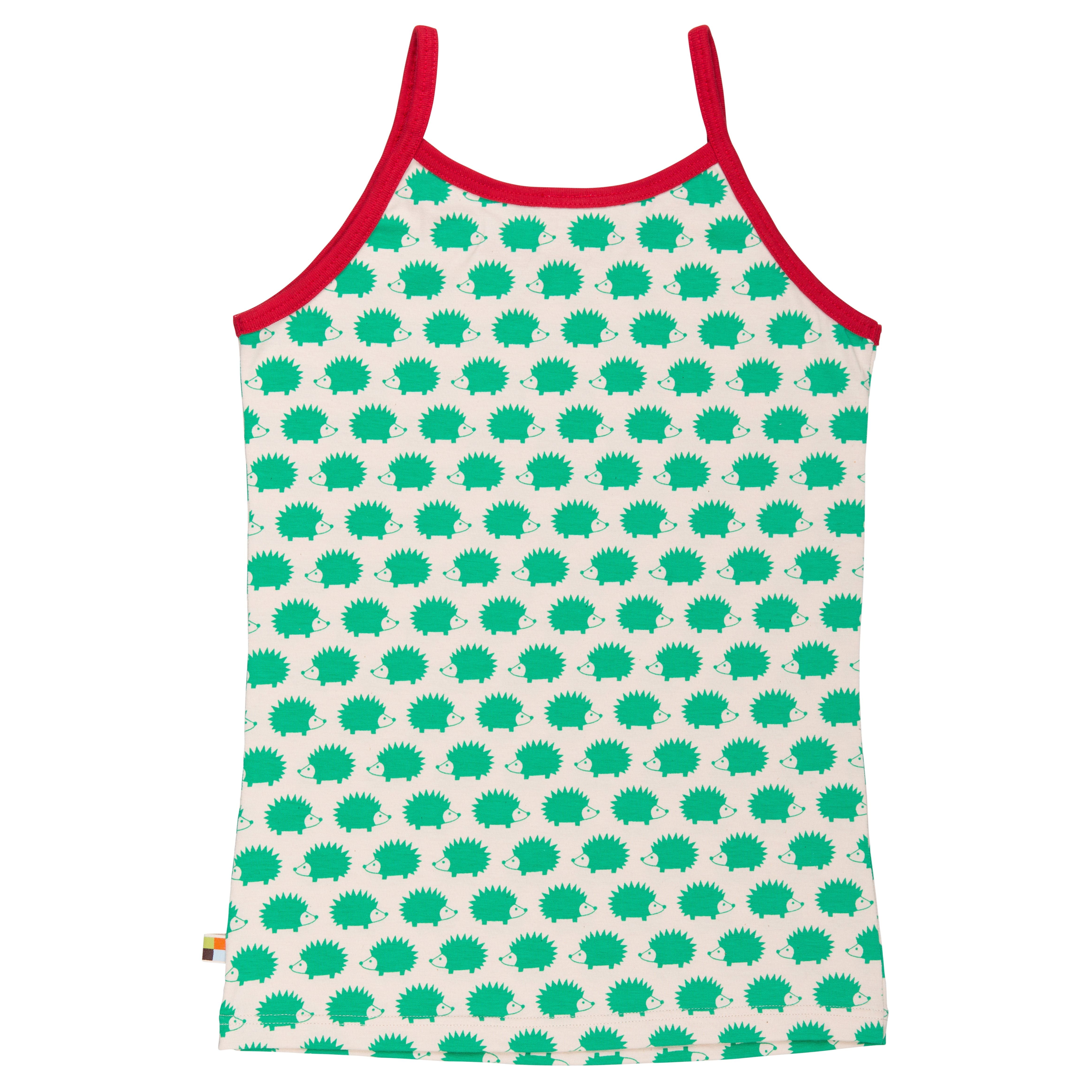 Ärmelloses Kinder-Tank-Top mit roten Trägern und Saum, mit einem Muster aus grünen Igeln auf weißem Hintergrund.