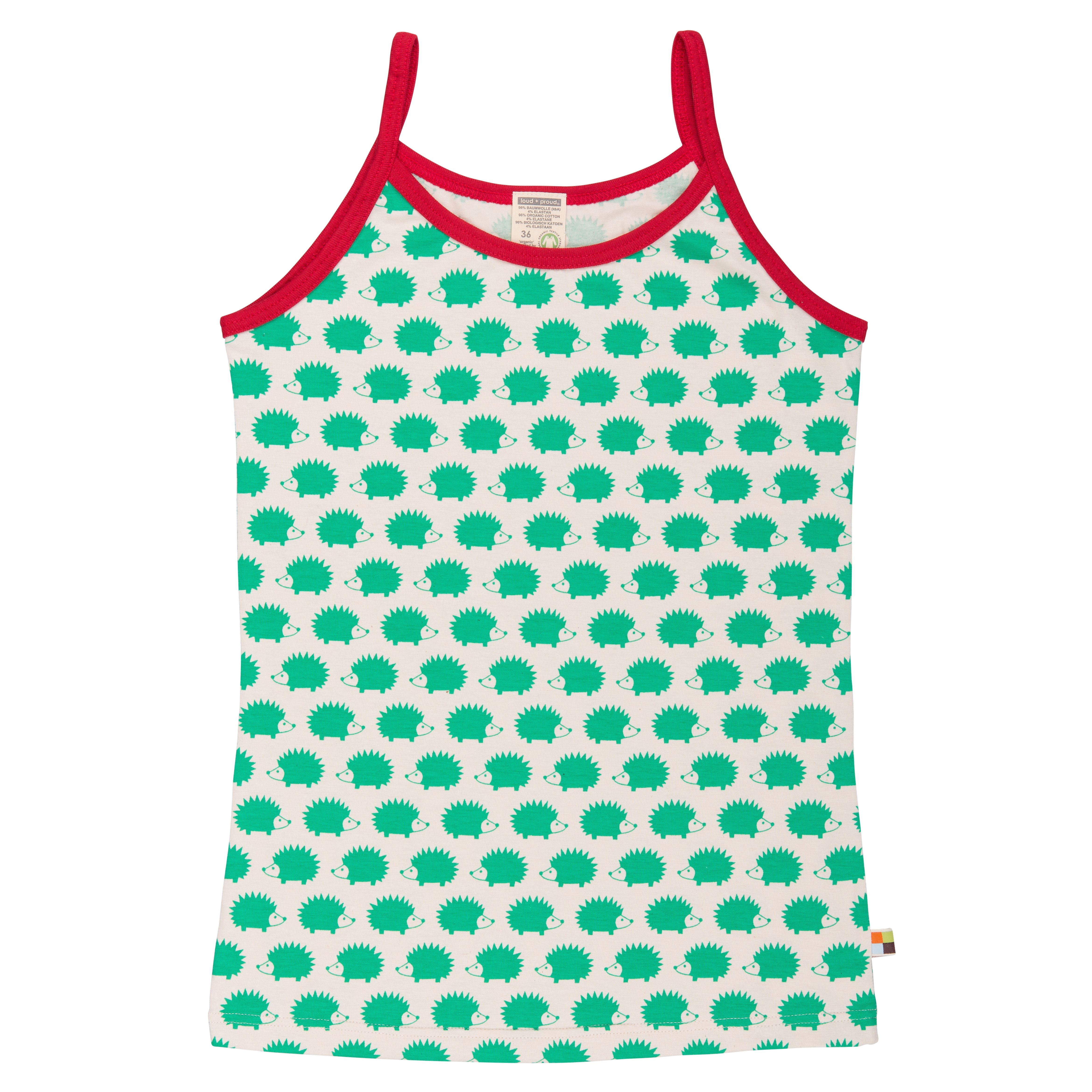 Ein weißes Tank-Top mit dünnen roten Trägern und Saum, das ein Allover-Muster aus grünen Igeln aufweist.