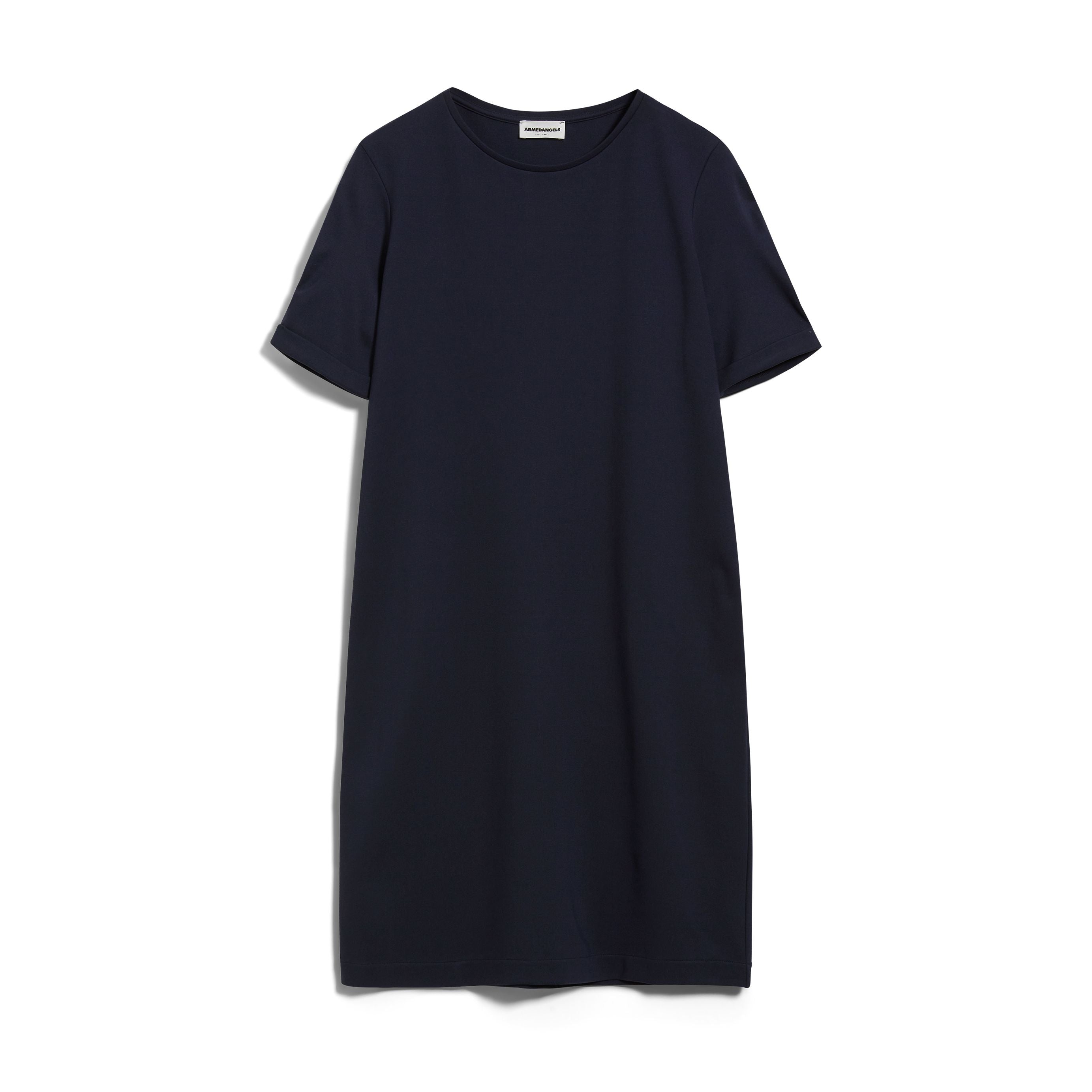 Dunkelblaues T-Shirt-Kleid mit kurzen Ärmeln und Rundhalsausschnitt auf weißem Hintergrund.