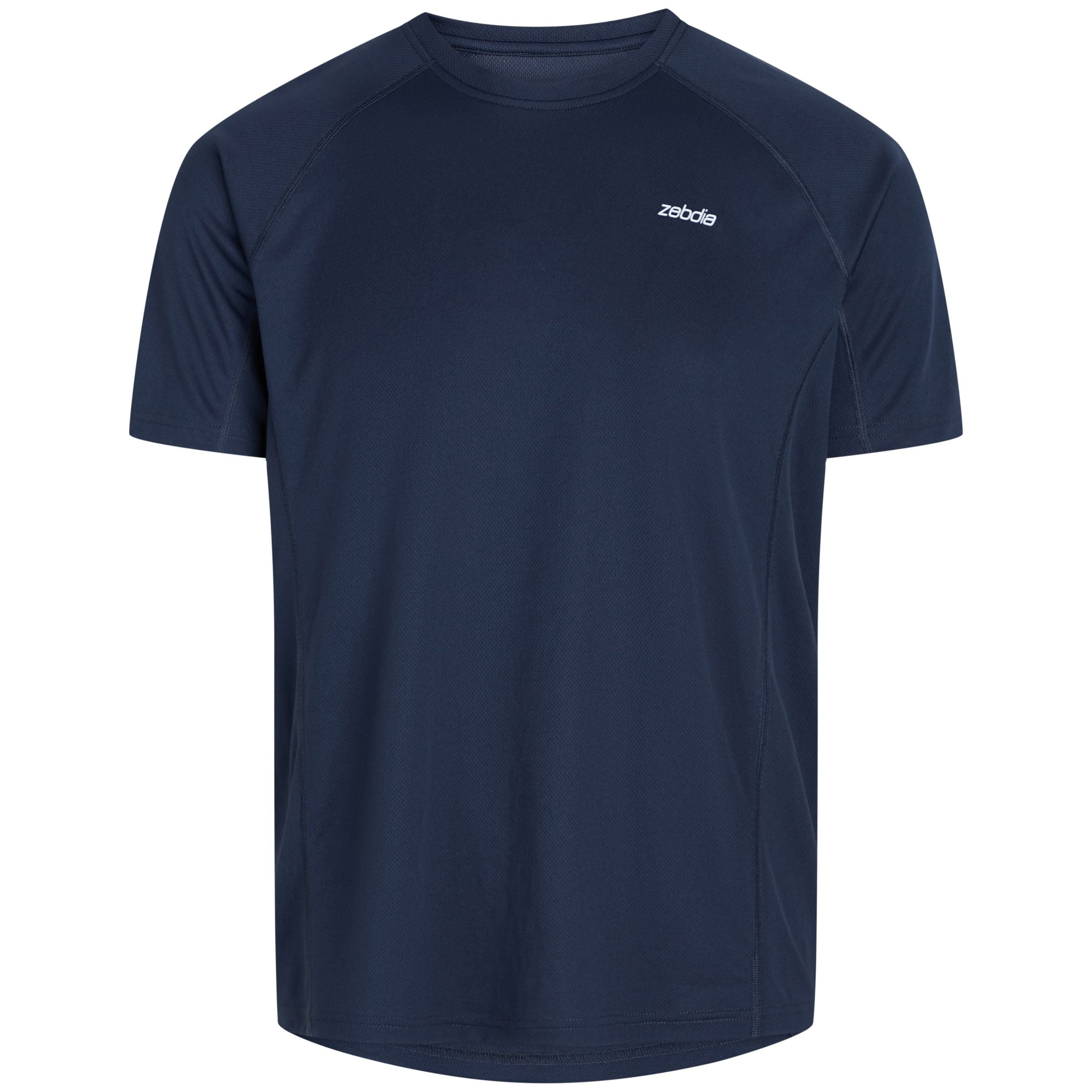 Ein schlichtes, marineblaues, kurzärmeliges Sport-T-Shirt mit einem kleinen, weißen Zotac-Logo auf der linken Brust vor einem weißen Hintergrund.