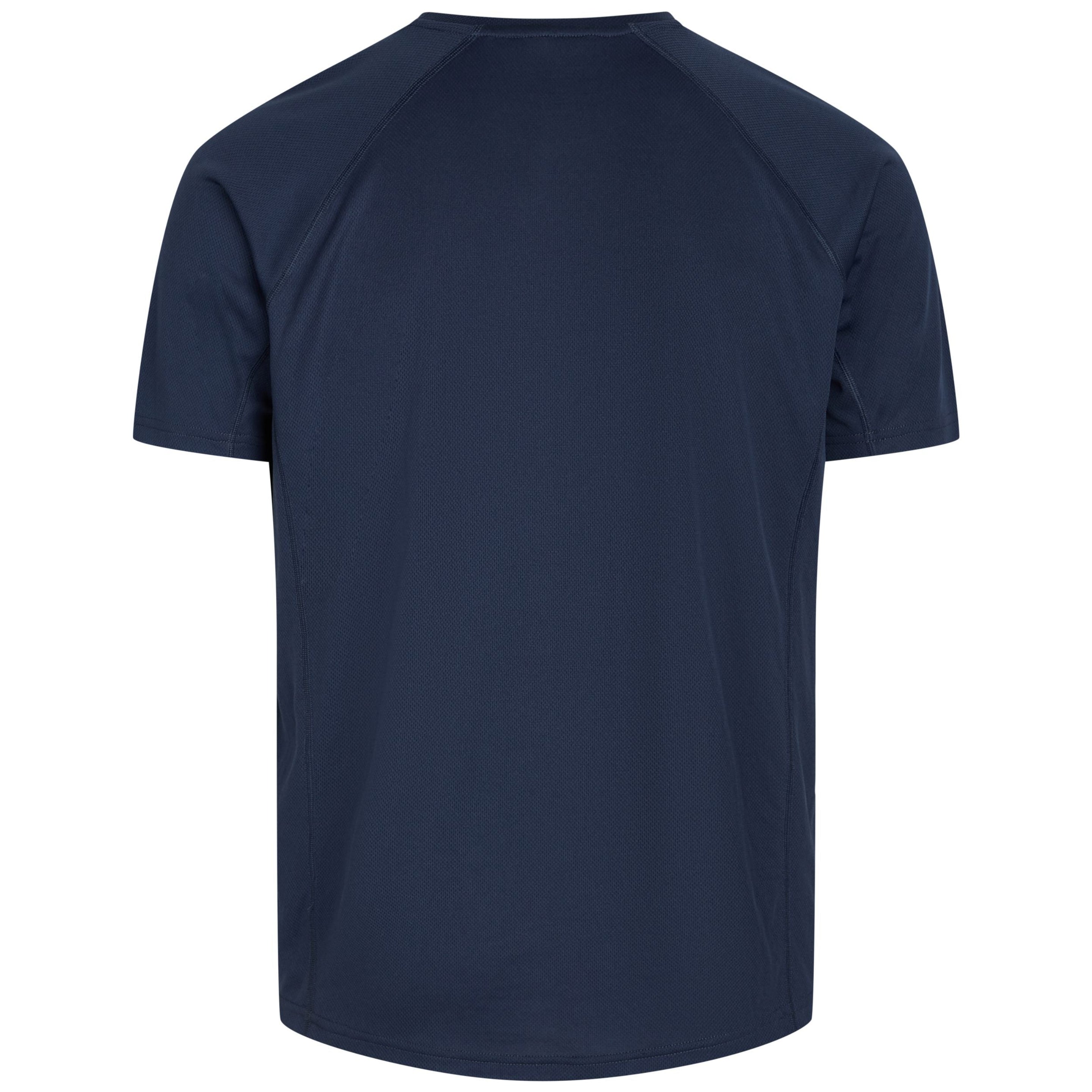 Ein schlichtes, marineblaues, kurzärmeliges T-Shirt mit Rundhalsausschnitt und ohne sichtbare Motive oder Logos auf weißem Hintergrund, von hinten gesehen.