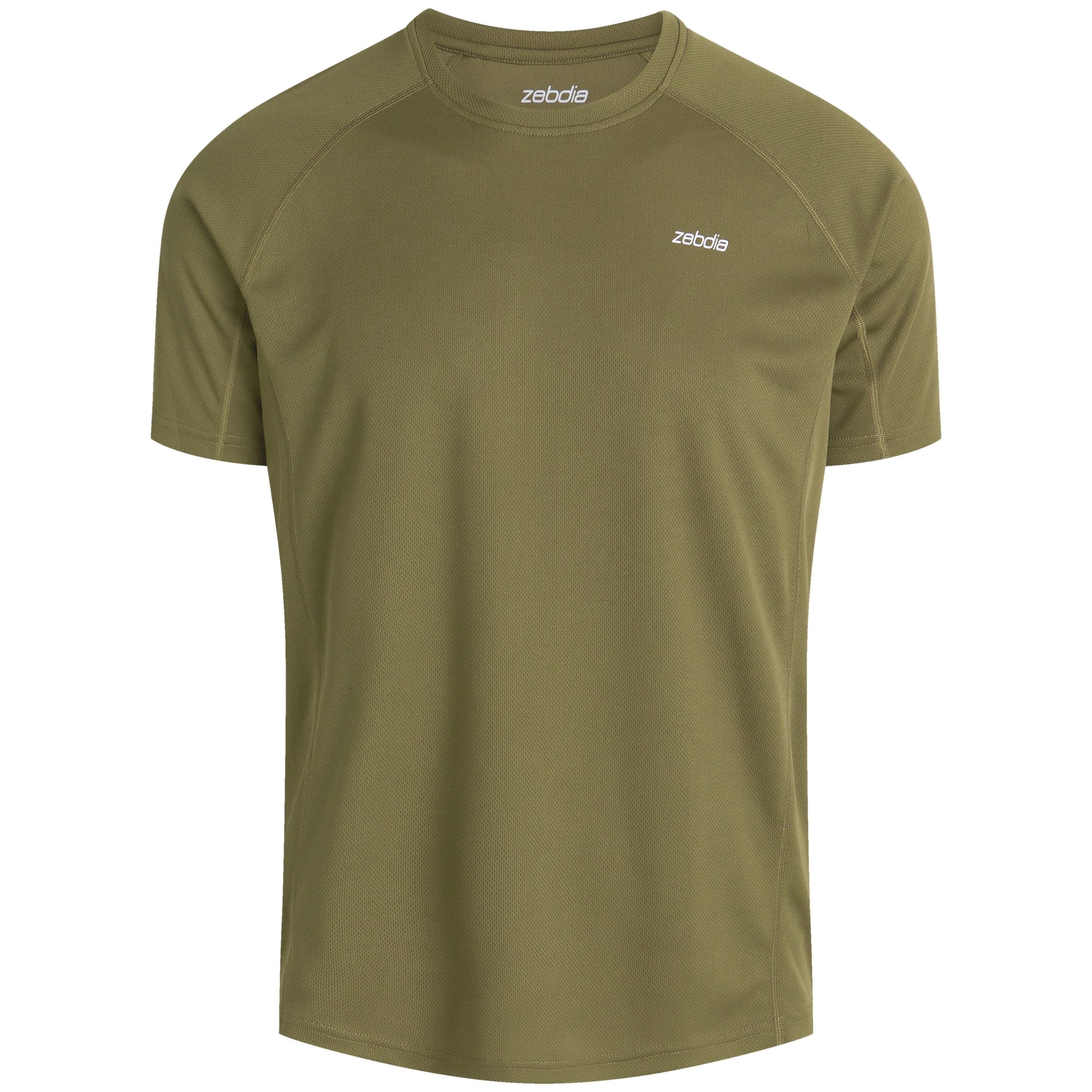 Olivgrünes, kurzärmliges Sport-T-Shirt mit Rundhalsausschnitt und weißem Zebba-Logo auf der linken Brust. Das Shirt ist auf einem schlichten weißen Hintergrund abgebildet.