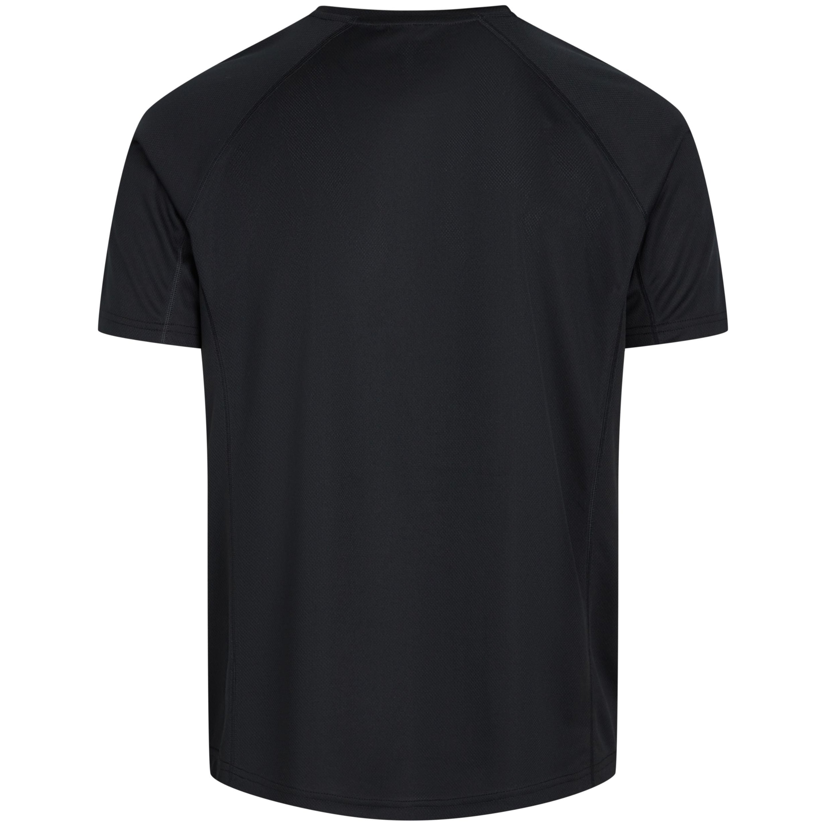 Ein schlichtes schwarzes, kurzärmeliges Sport-T-Shirt ist von hinten vor einem weißen Hintergrund abgebildet. Das Shirt hat ein einfaches Design ohne sichtbare Logos oder Muster.