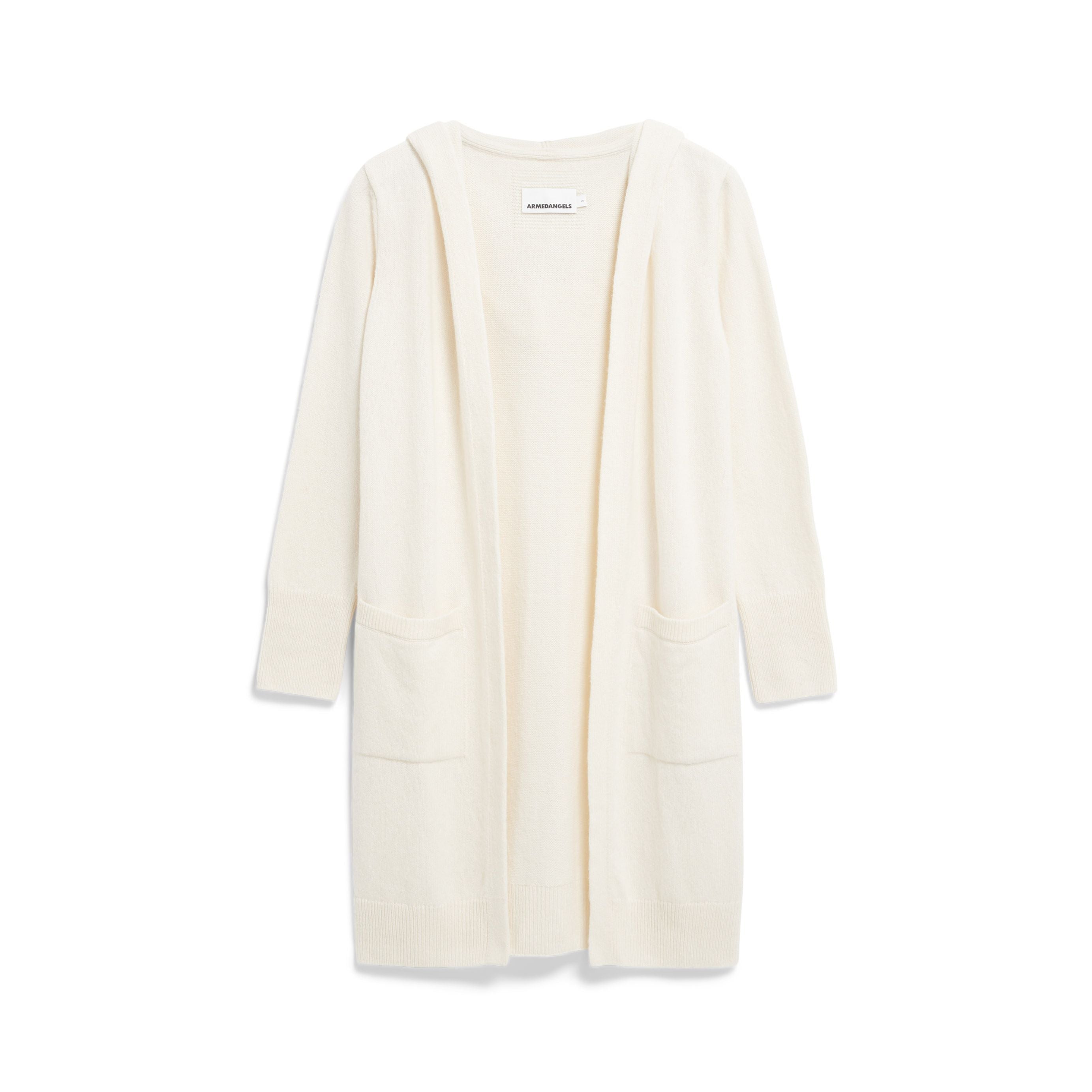 Cremefarbener langer Strickcardigan mit zwei Taschen vorne, ohne Vorderknöpfe und mit fließender Passform.