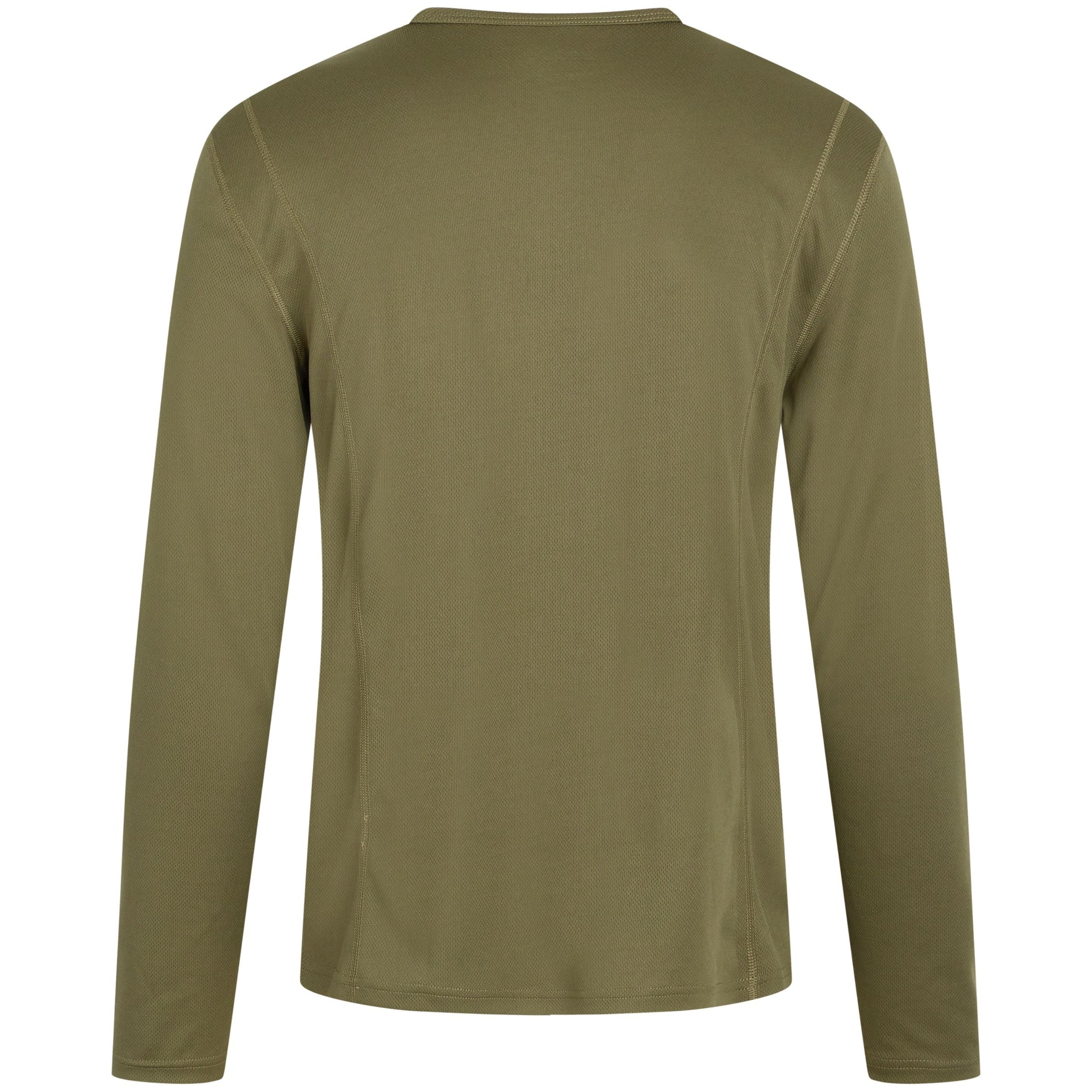 Olivgrünes langärmeliges Hemd, von hinten gesehen, mit einem einfachen, schlichten Design ohne sichtbare Muster, Grafiken oder Logos.