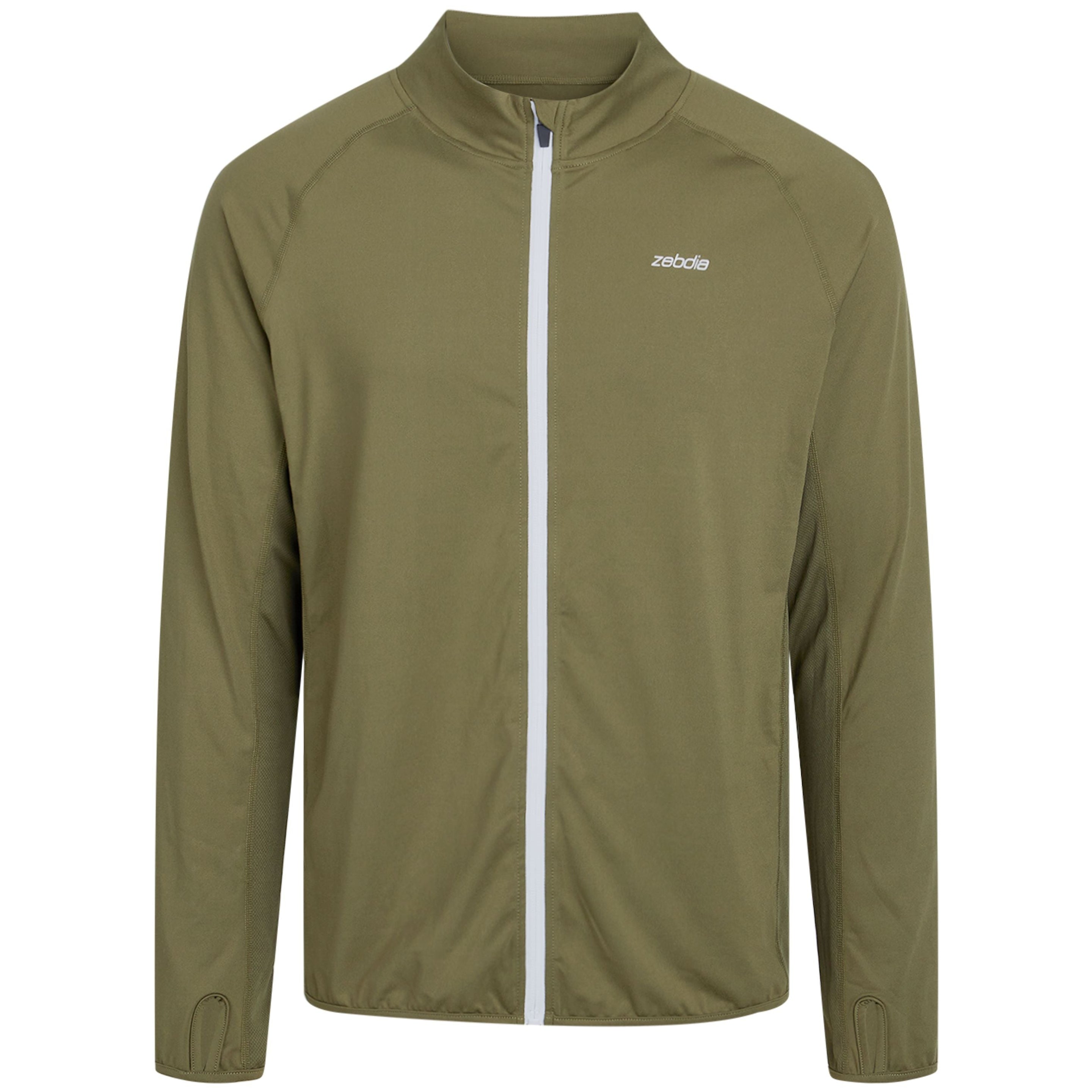 Eine leichte olivgrüne Jacke mit langen Ärmeln, einem weißen Reißverschluss auf der Vorderseite und einem kleinen Zeboid-Logo auf der linken Brust. Die Jacke hat ein einfaches, lässiges Design.
