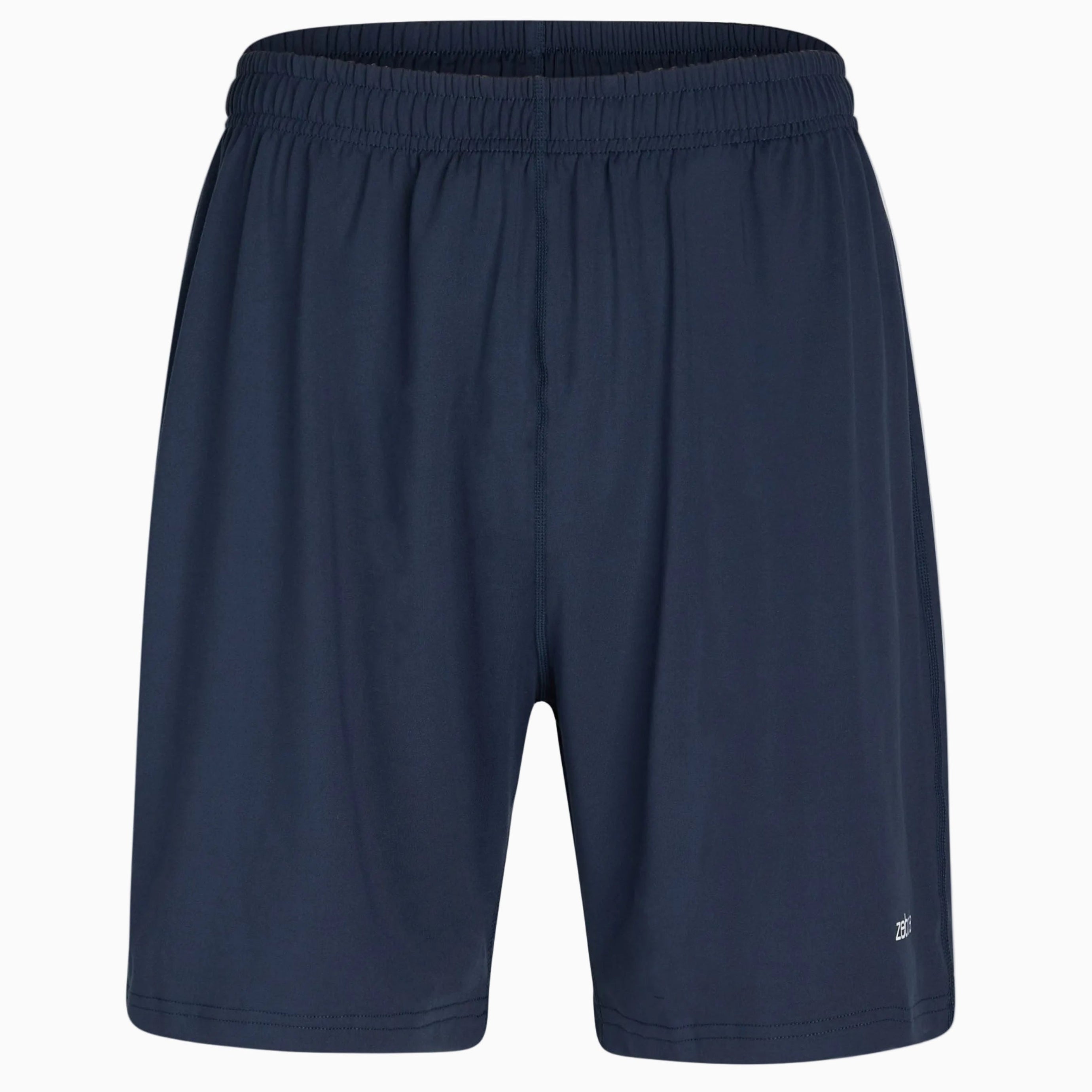 Marineblaue Sportshorts mit elastischem Bund und lockerer Passform auf einfarbig weißem Hintergrund.
