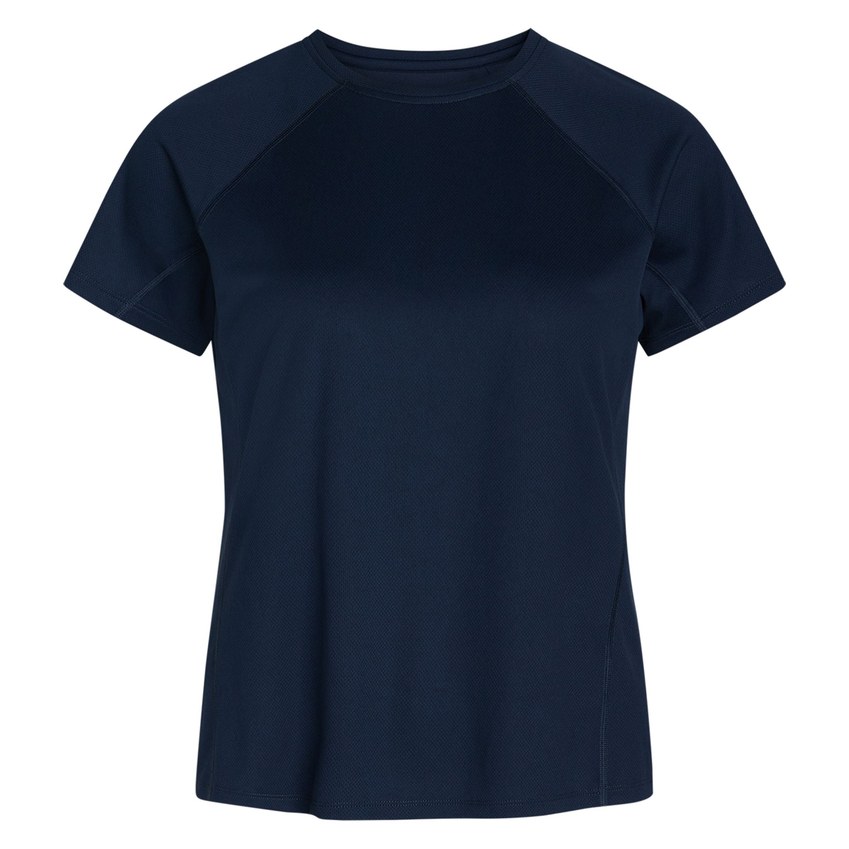 Ein schlichtes, kurzärmeliges, marineblaues T-Shirt mit Rundhalsausschnitt auf weißem Hintergrund.