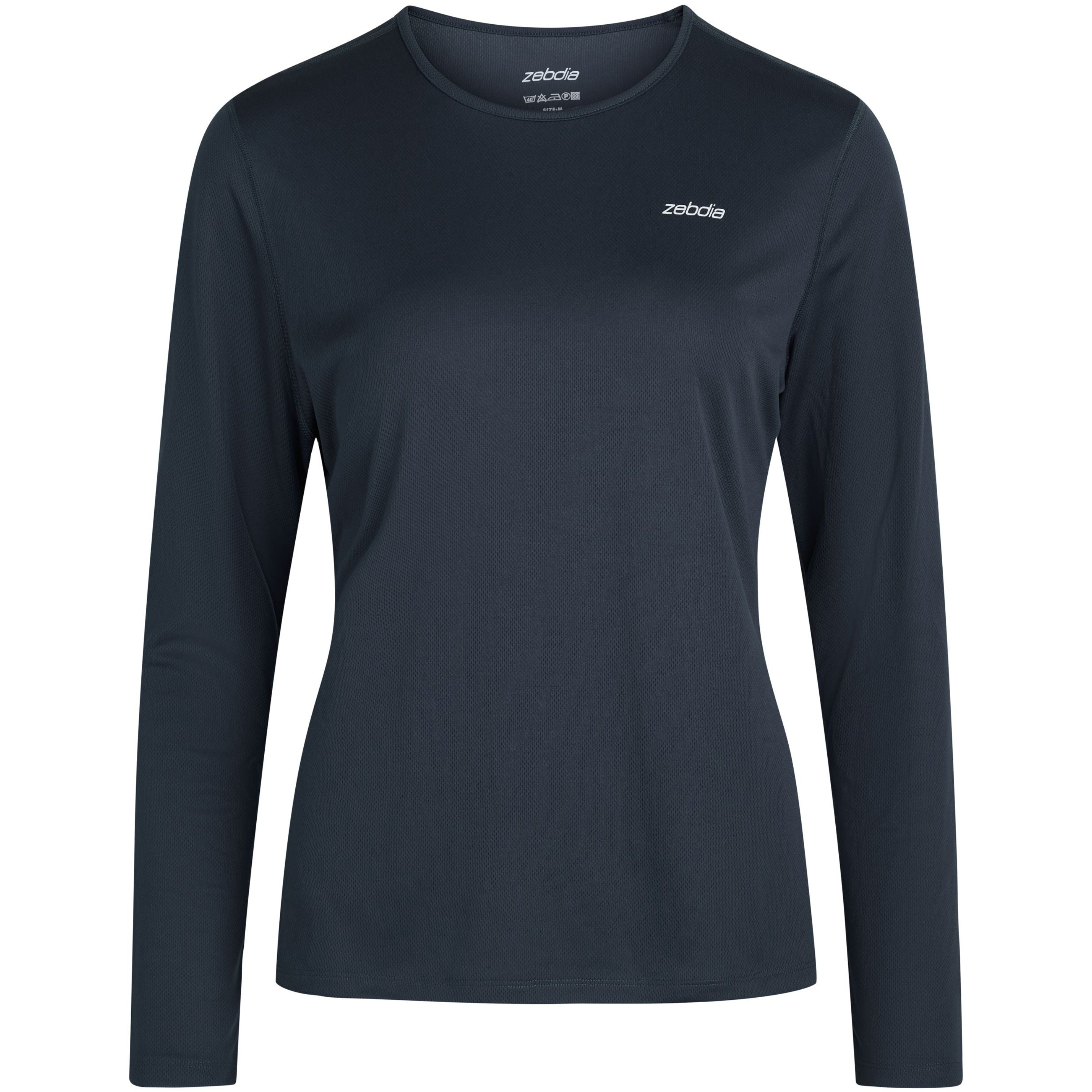 Ein schlichtes, langärmeliges, dunkelblaues Sportshirt für Frauen mit Rundhalsausschnitt und einem kleinen weißen Zobha-Logo auf der linken Brust auf weißem Hintergrund.