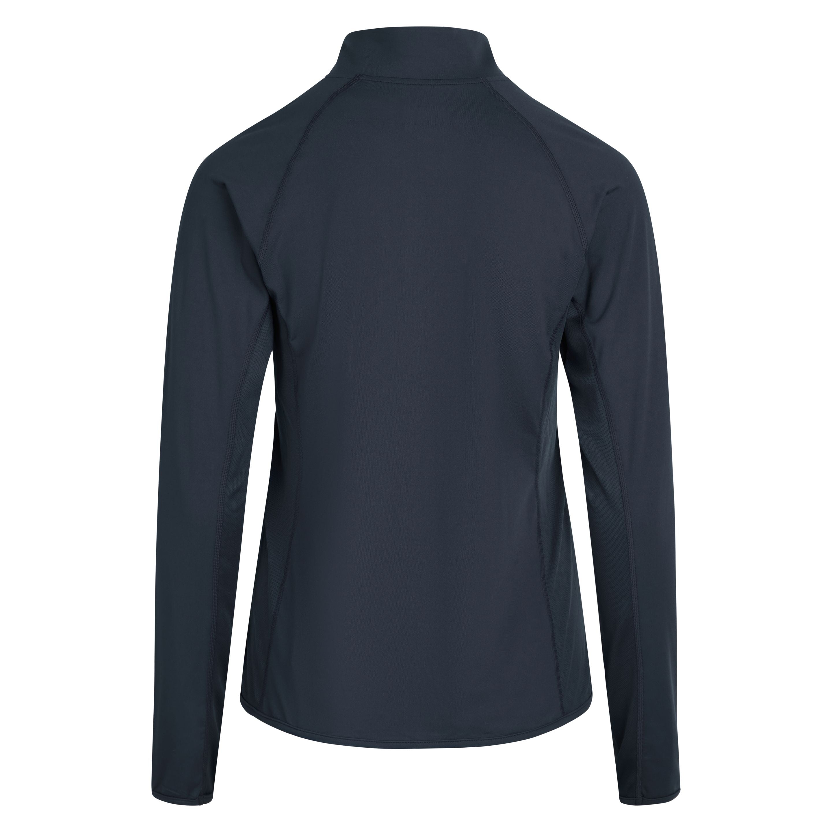 Eine schlichte, langärmelige, dunkelmarinefarbene Jacke wird von hinten auf einem weißen Hintergrund gezeigt. Die Jacke hat einen hohen Kragen und ein einfaches, stromlinienförmiges Design ohne sichtbare Logos, Muster oder Taschen.