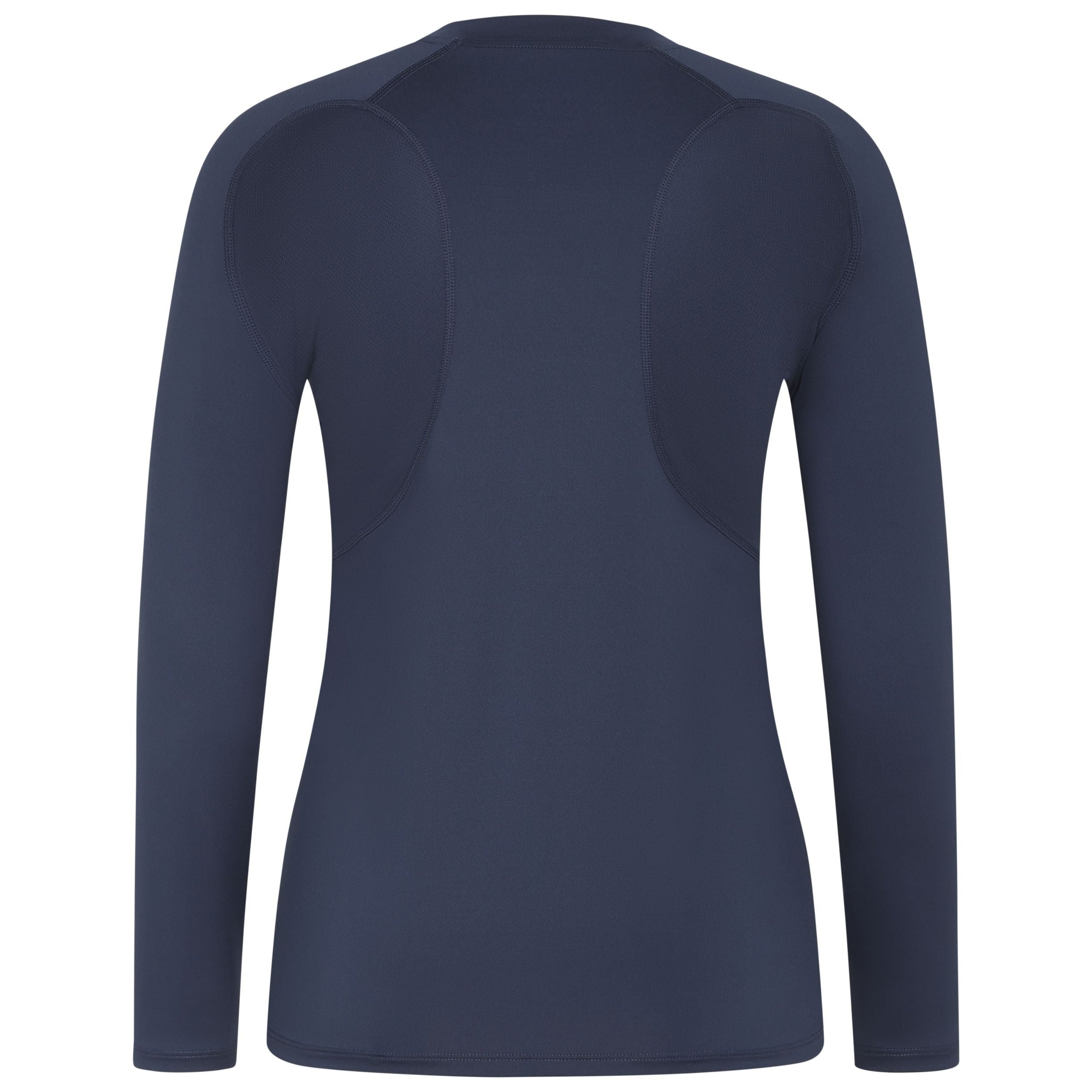 Ein marineblaues, langärmeliges, tailliertes Sporthemd wird von hinten vor einem weißen Hintergrund gezeigt. Das Hemd ist an den Schultern und an den Seiten mit dezenten Details versehen.