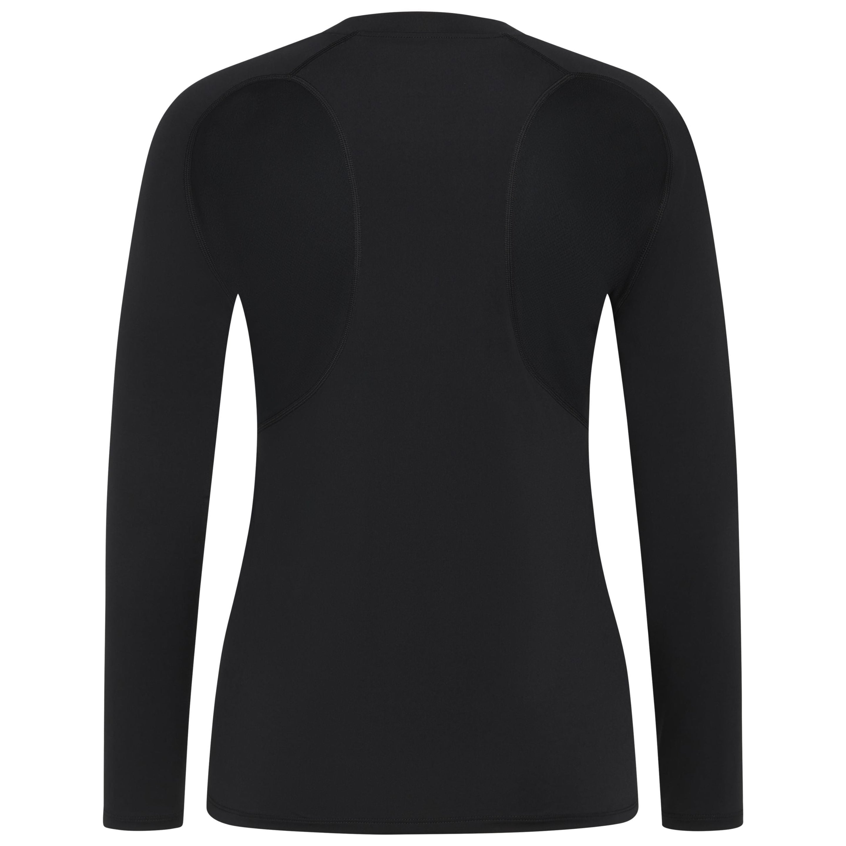 Ein schwarzes, langärmeliges, tailliertes Hemd, von hinten fotografiert, auf einem schlichten weißen Hintergrund. Das Hemd ist an den Schultern und an den Seiten mit dezenten Nahtdetails versehen.