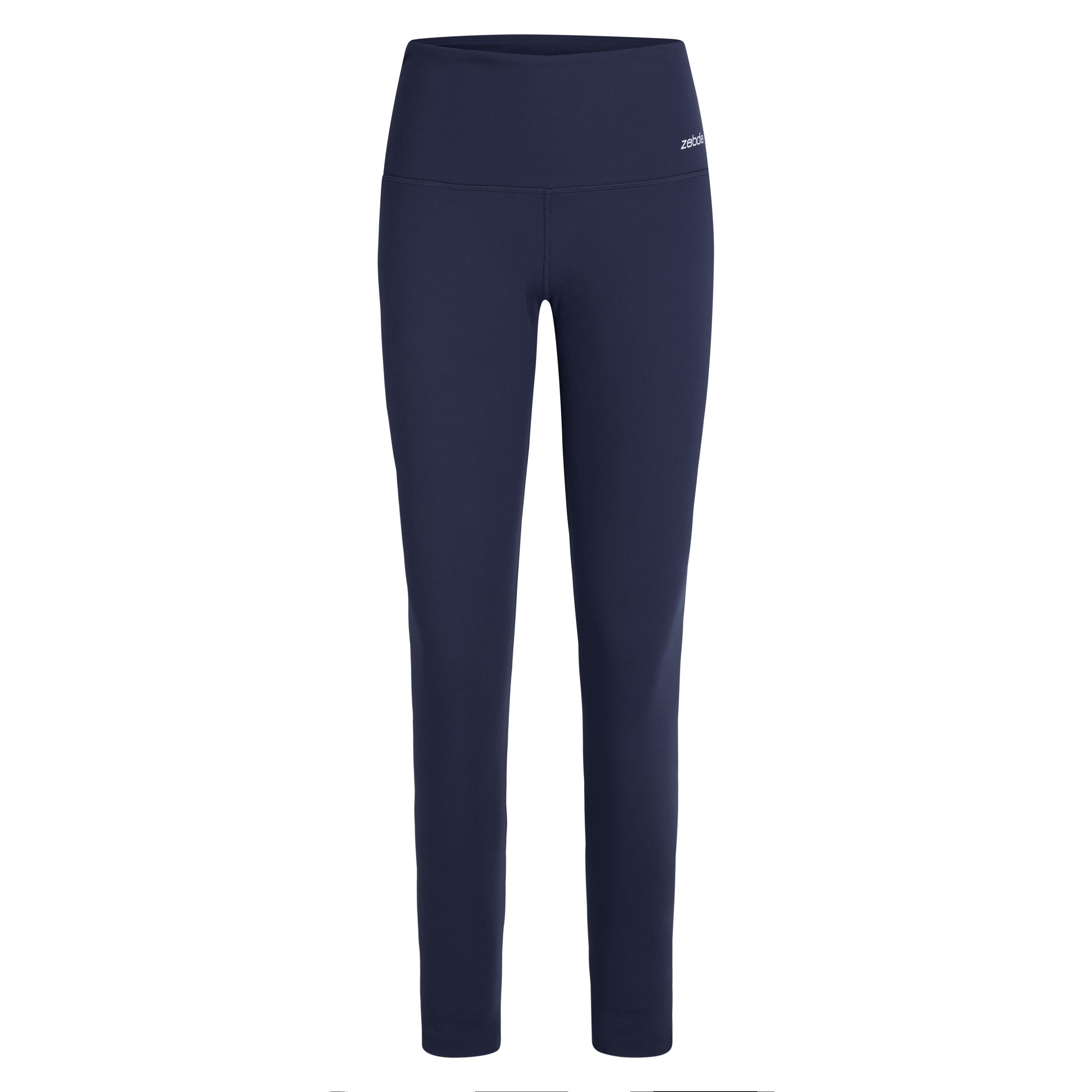 Marineblaue Leggings mit hoher Taille und schmaler Passform, abgebildet auf einem schlichten weißen Hintergrund. Die Leggings haben ein glattes, nahtloses Aussehen mit einem kleinen Logo auf der linken Hüfte.