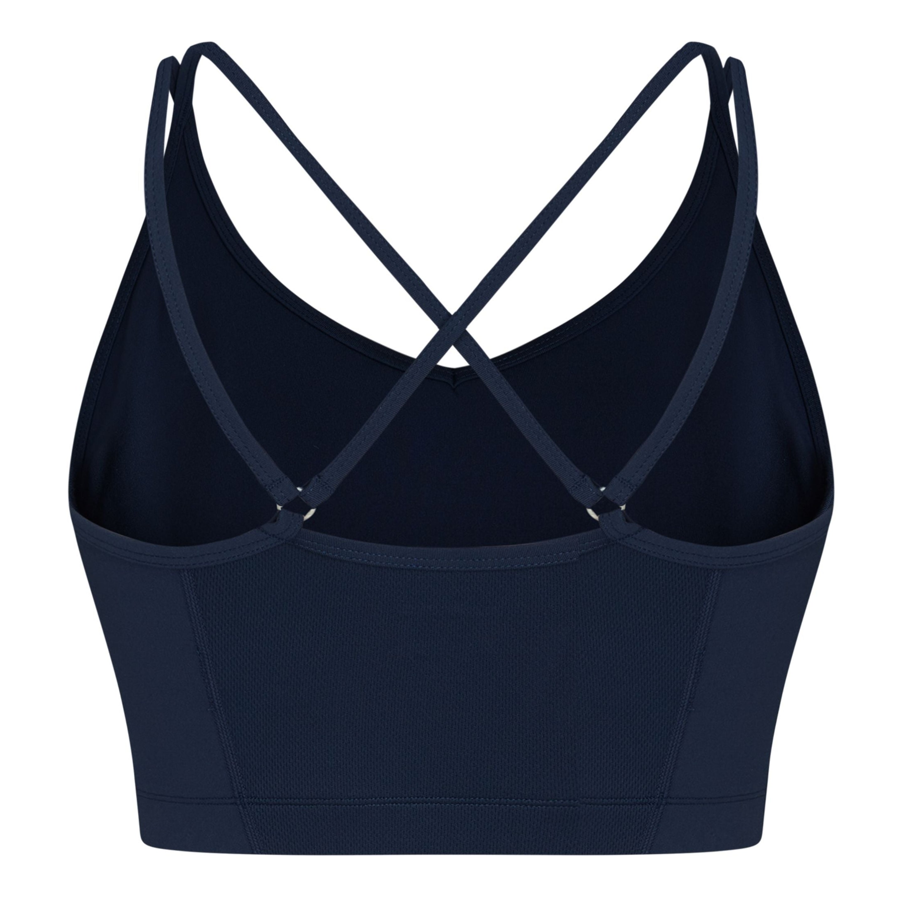Marineblauer Sport-BH mit doppelten dünnen Trägern, die sich im Rücken kreuzen, auf weißem Hintergrund.