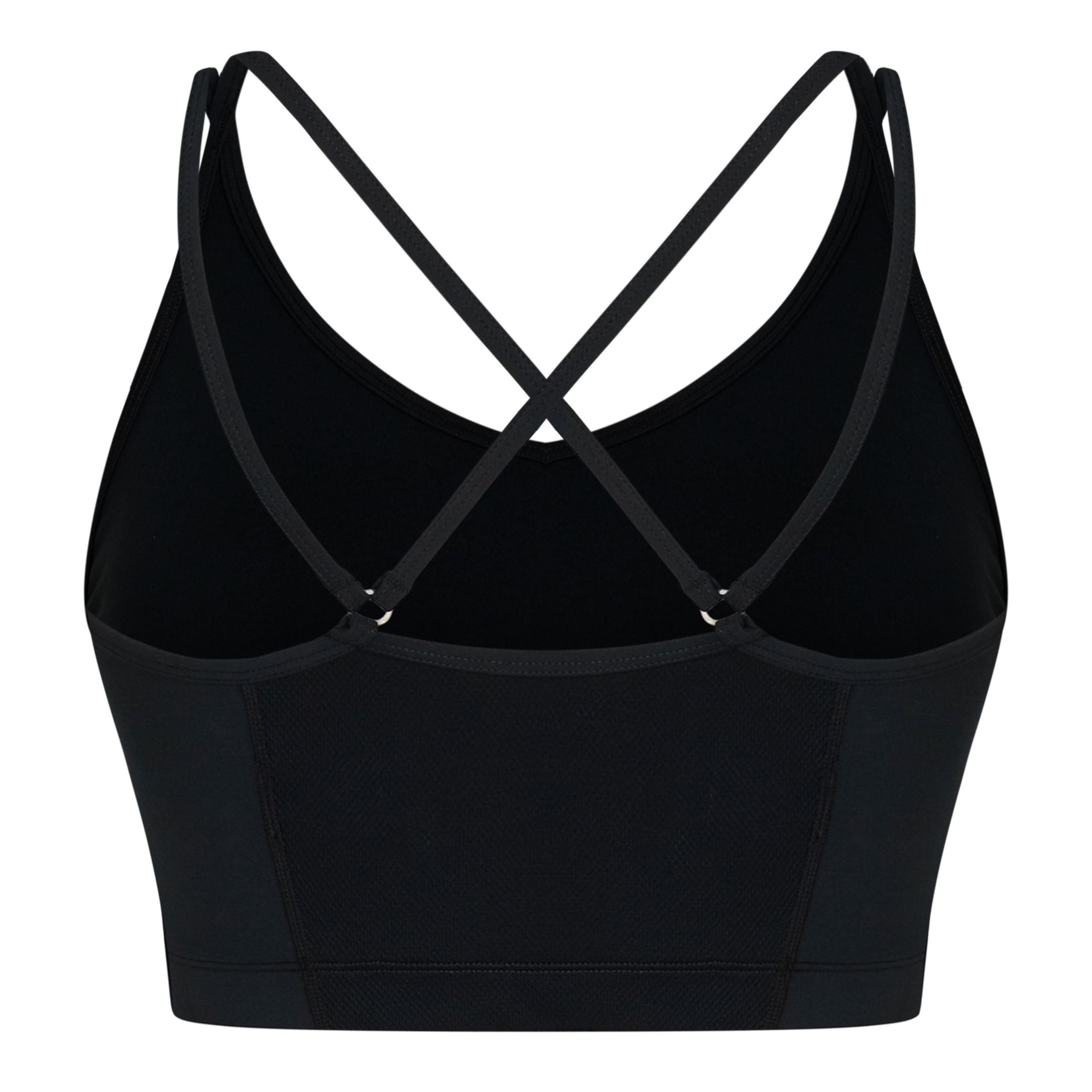 Ein schwarzer Sport-BH mit tailliertem Schnitt und dünnen, überkreuzten Trägern im Rücken auf weißem Grund.