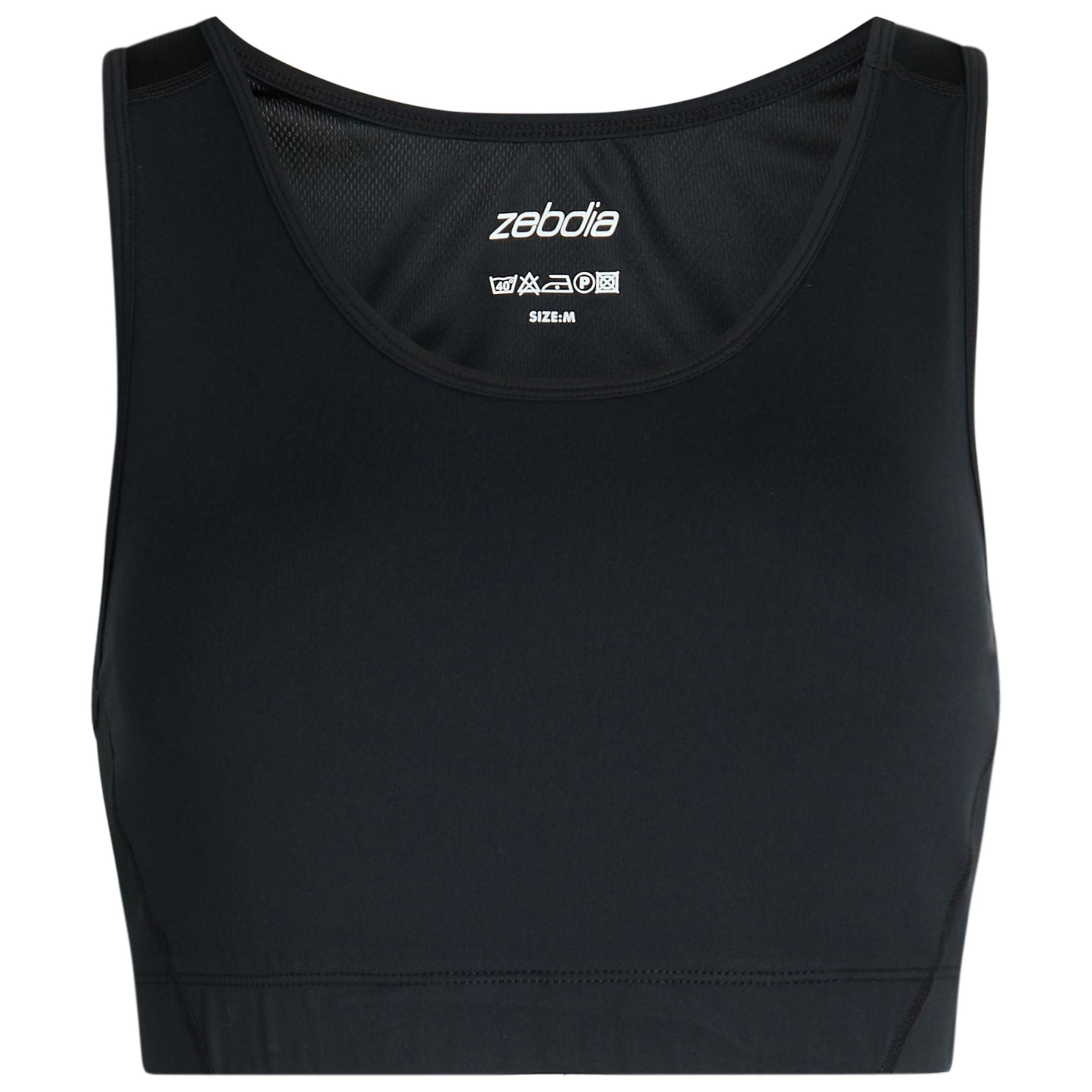 Schwarzes, ärmelloses, sportliches Crop-Top mit Rundhalsausschnitt und Netzinnenfutter. Auf dem Innenetikett steht "Zebdia" zusammen mit einer Pflegeanleitung. Das Oberteil ist vor einem weißen Hintergrund abgebildet.