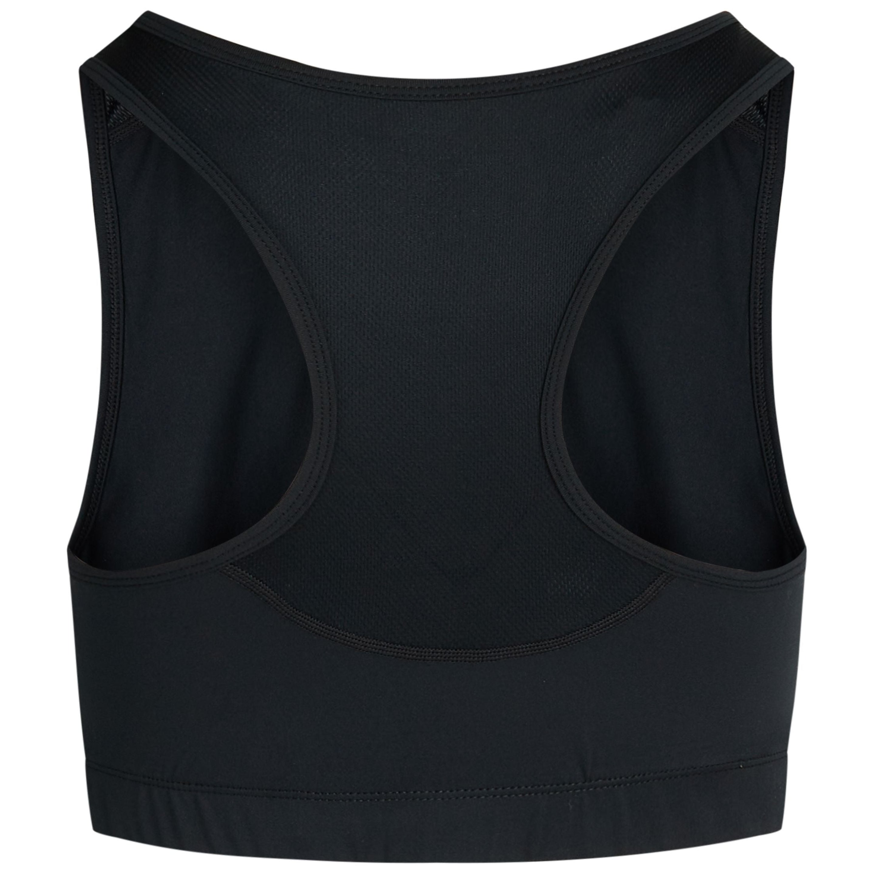 Ein schwarzer Racerback-Sport-BH in Rückenansicht mit hohem Ausschnitt und breiten Schulterträgern, flach auf weißem Grund gelegt.