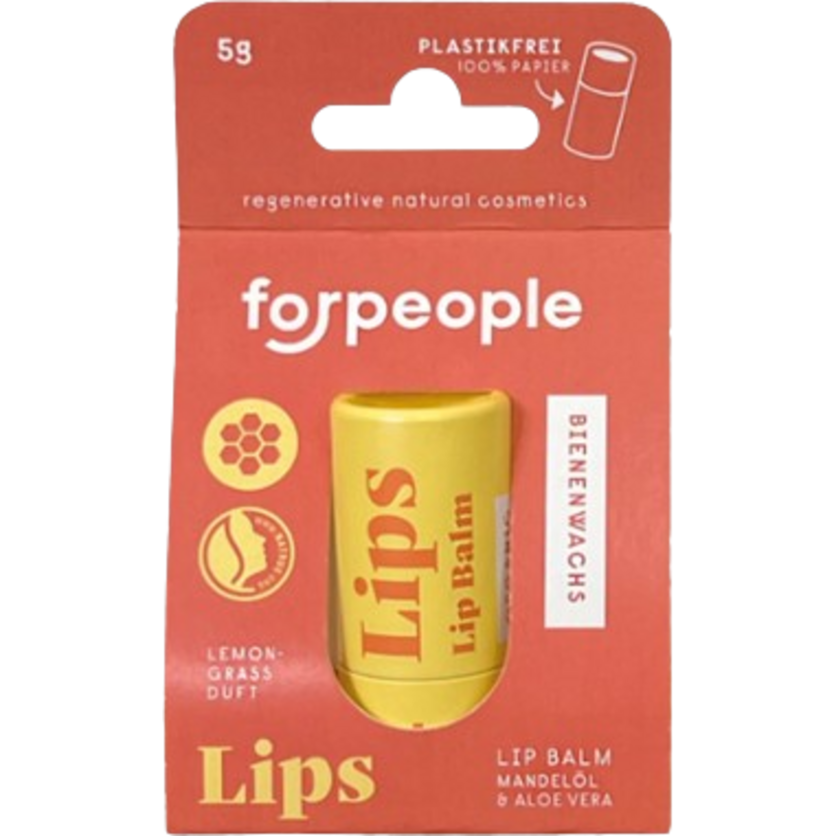 Eine gelbe Tube Lips Lippenbalsam von forpeople ist in einer orangefarbenen Verpackung abgebildet. Die Verpackung hebt das plastikfreie Design aus 100 % Papier, den Duft nach Zitronengras und die Inhaltsstoffe wie Mandelöl, Aloe Vera und Bienenwachs hervor.