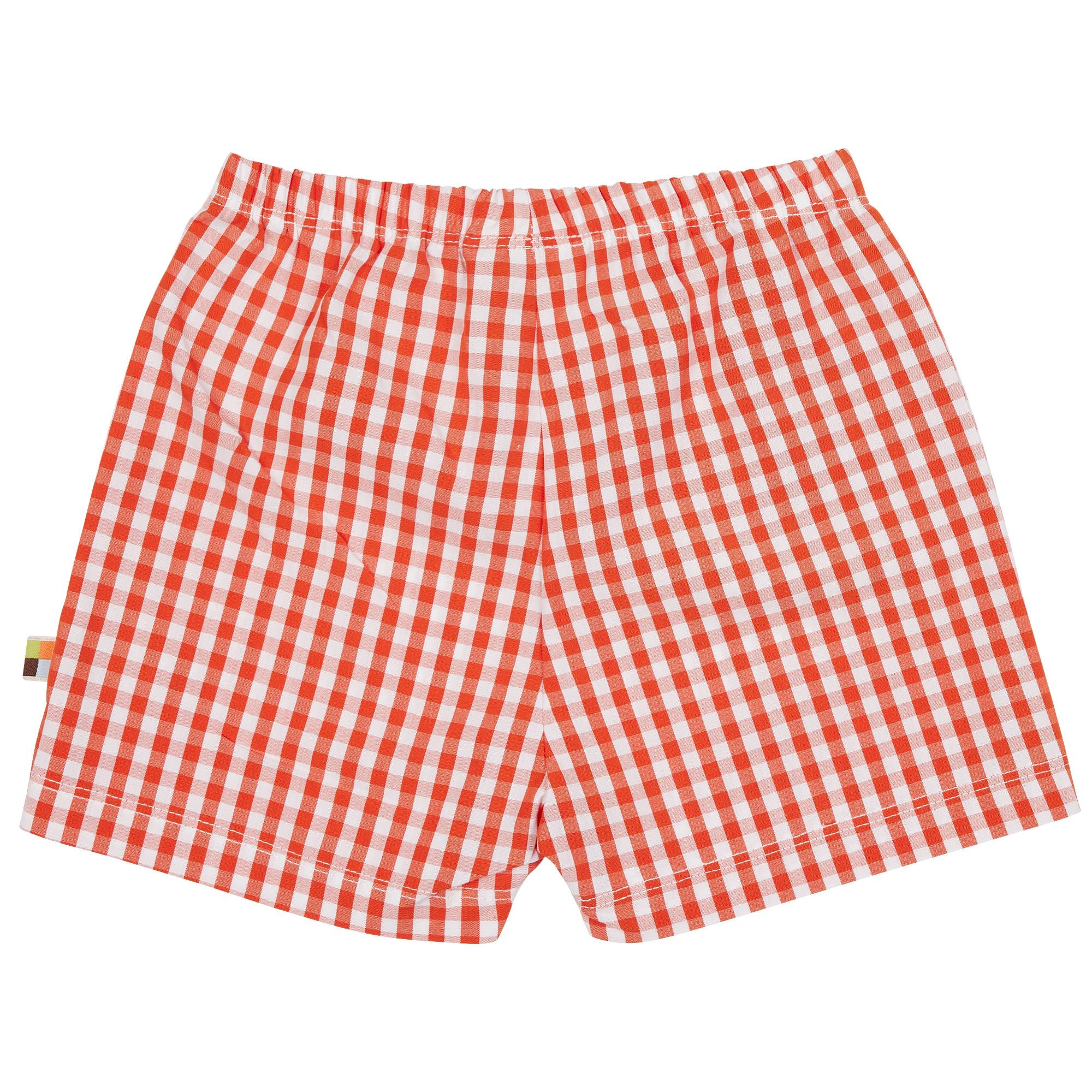 Rot-weiß karierte Boxershorts mit elastischem Bund, flach auf weißem Grund.