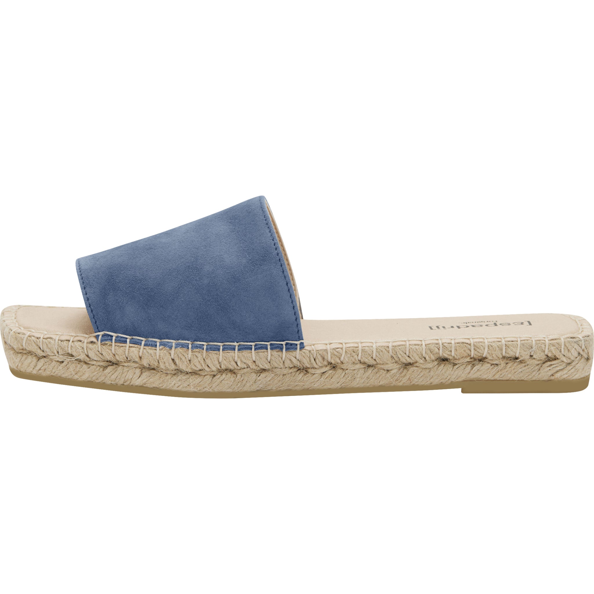 Blaue Sandale mit breitem Riemen und geflochtener Sohle im Espadrille-Stil.