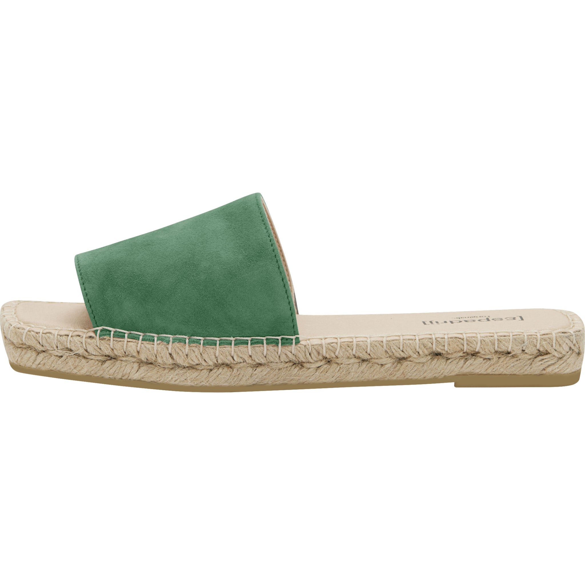 Grüner Damen-Espadrille-Slide mit geflochtener Bastsohle und flachem Absatz.
