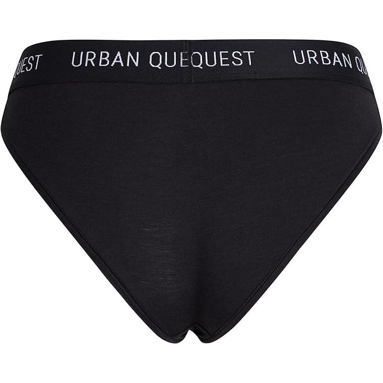 Schwarze Damenunterwäsche mit elastischem Bund und dem Schriftzug "URBAN QUEQUEST".