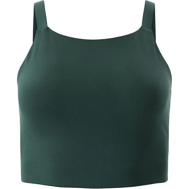 Ein dunkelgrünes, ärmelloses Crop-Top mit quadratischem Ausschnitt und tailliertem Schnitt auf weißem Hintergrund.