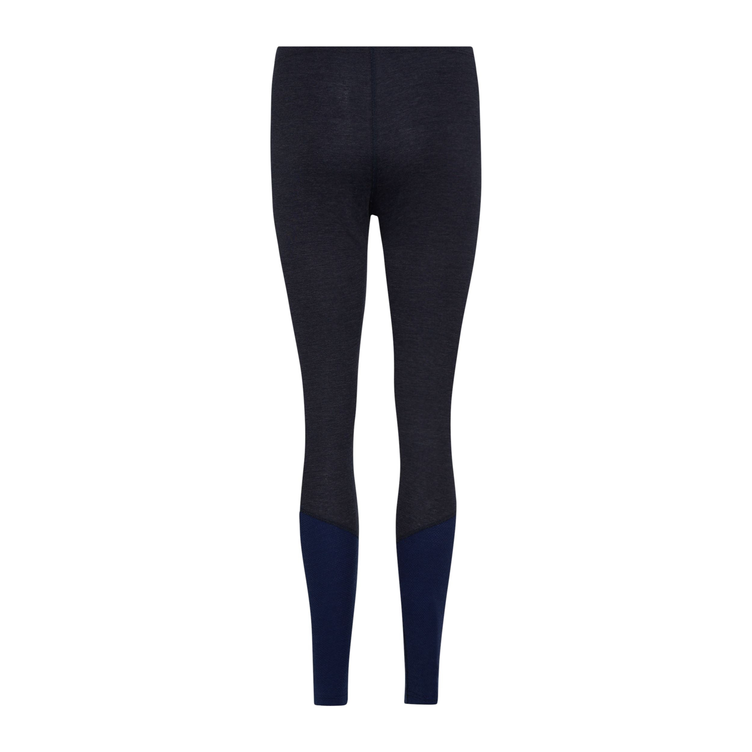 Ein Paar dunkelgraue Leggings mit einem dunkleren marineblauen Farbblockdetail an den Unterschenkeln, von hinten auf weißem Hintergrund dargestellt.