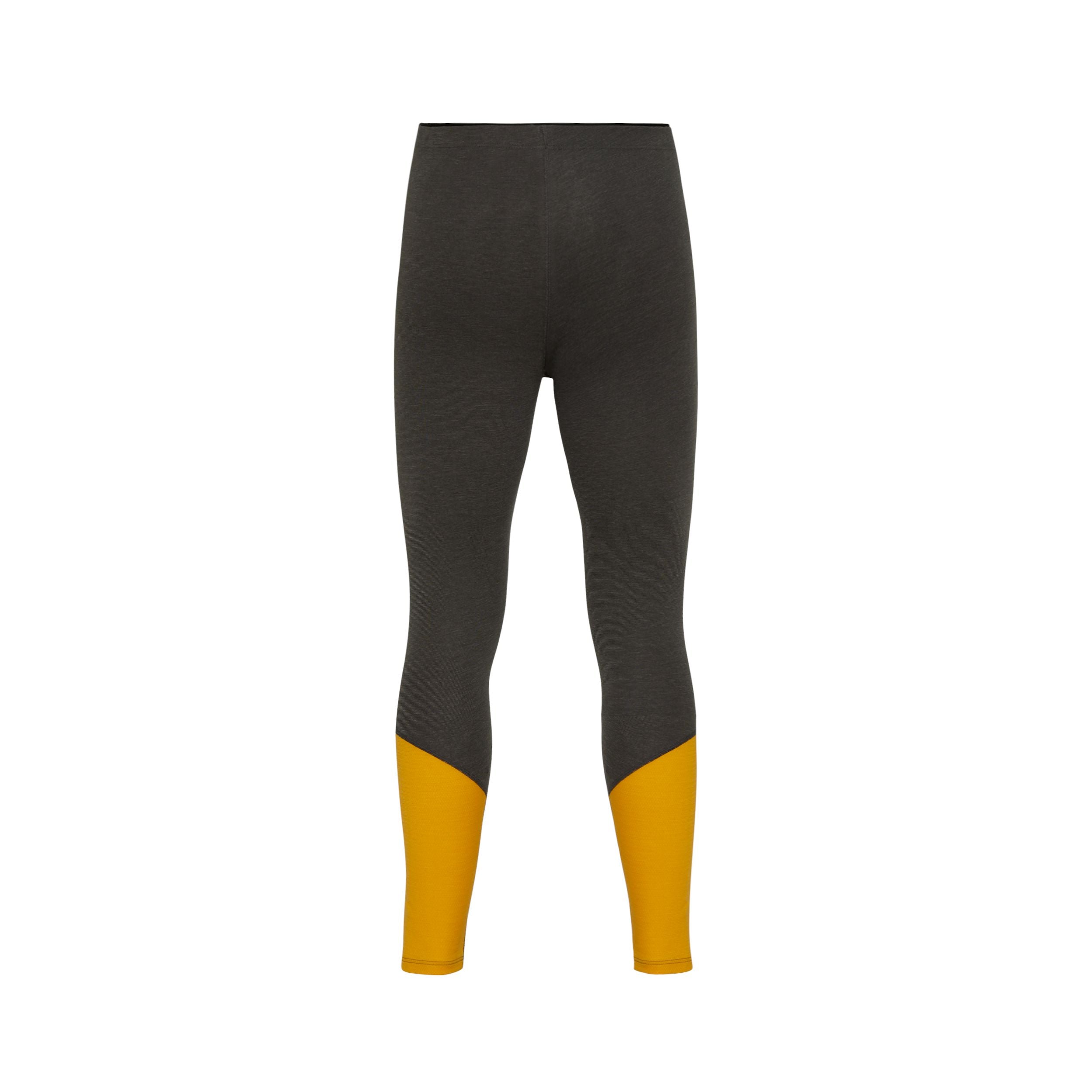 Dunkelgraue Leggings mit hoher Taille, mit einem Farbblock-Design, bei dem der untere Teil jedes Beins leuchtend gelb ist. Die Leggings sind auf einem schlichten weißen Hintergrund abgebildet.