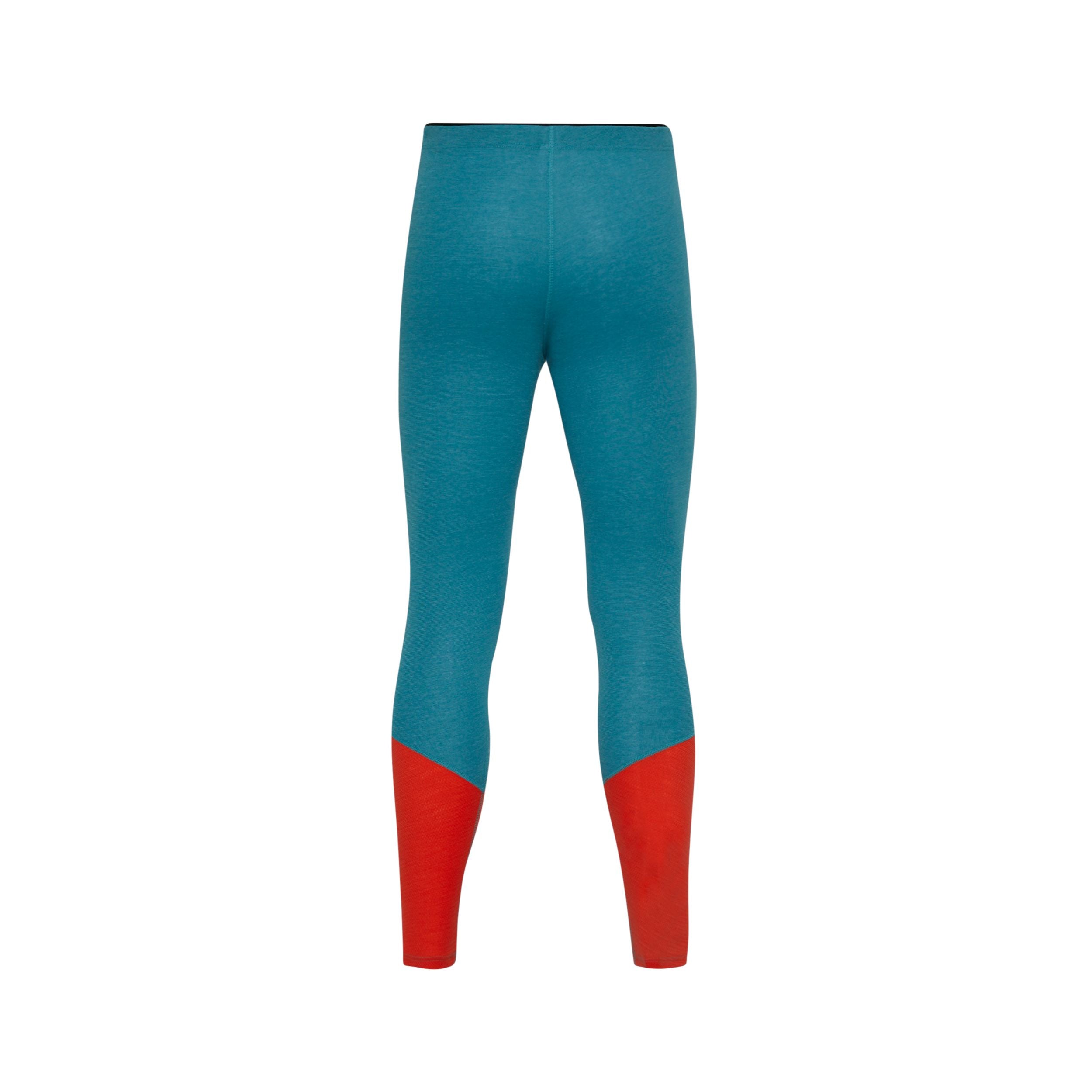 Rückansicht einer blaugrünen Leggings mit leuchtend roten Farbblock-Einsätzen an den Unterschenkeln, dargestellt auf einem schlichten weißen Hintergrund.