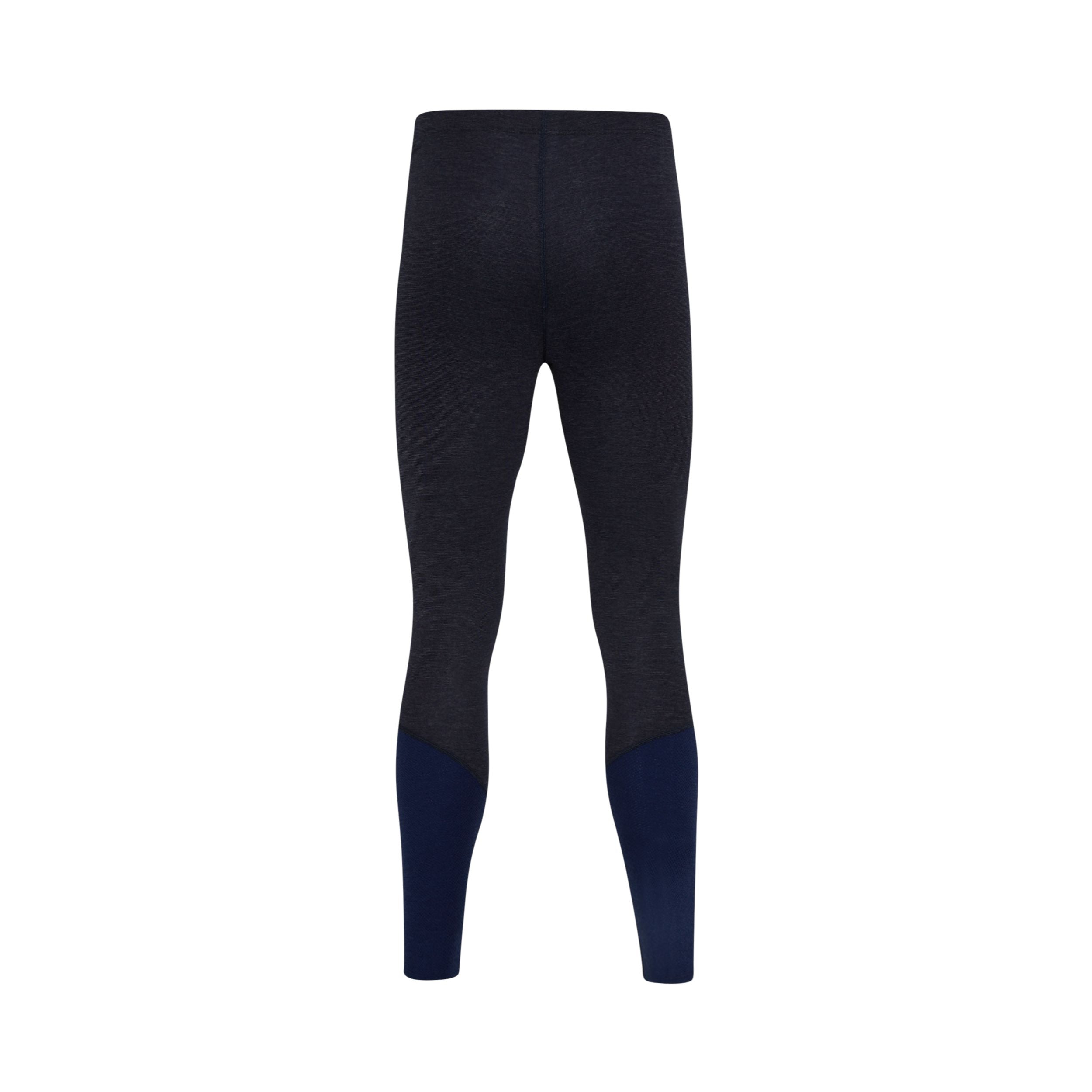 Dunkel gefärbte Leggings mit hoher Taille, von hinten gesehen. An den Unterschenkeln befindet sich auf jeder Seite ein kontrastierender marineblauer Streifen. Der Hintergrund ist einfarbig weiß.