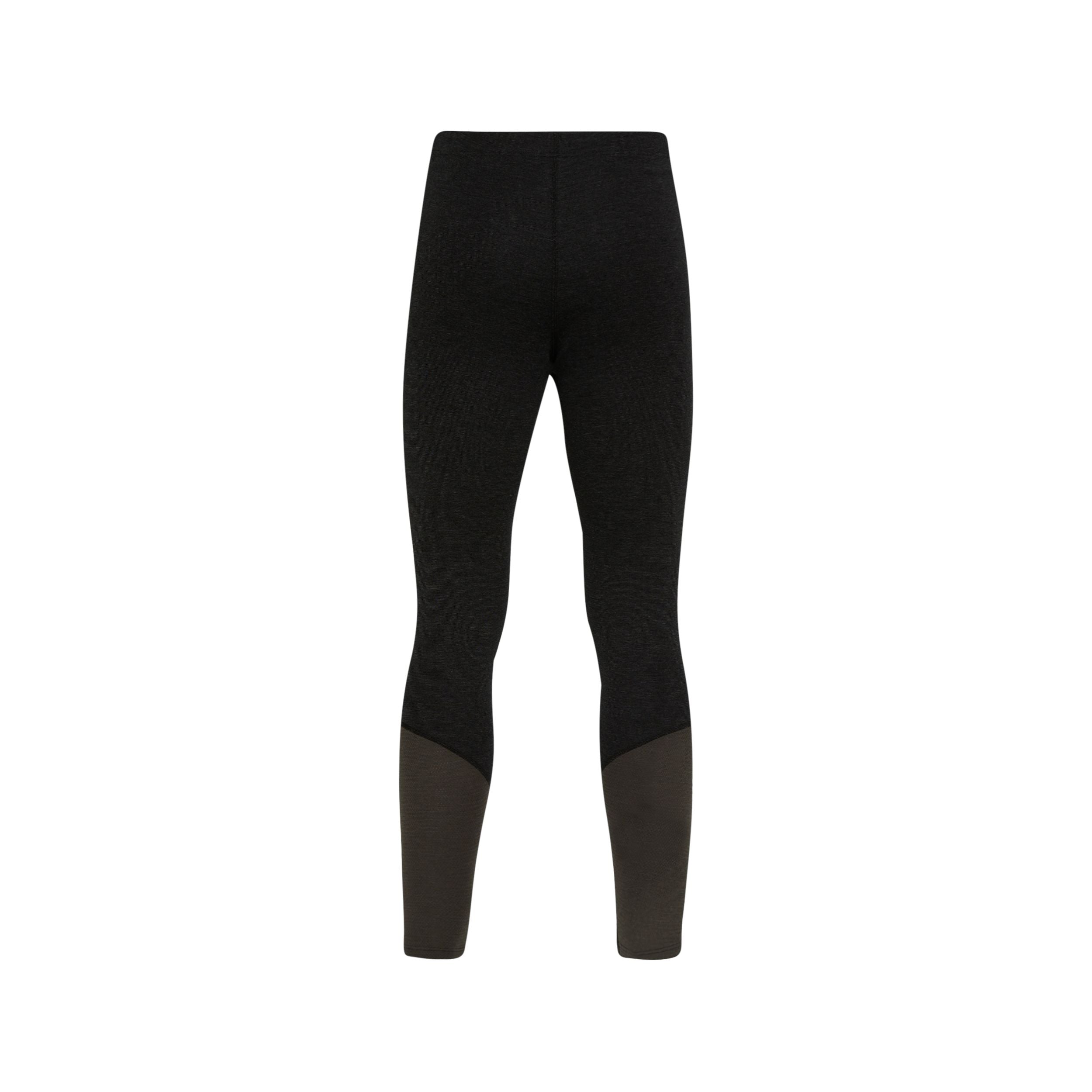 Schwarze Leggings mit hoher Taille und taillierten Beinen, mit dunkelgrauen Einsätzen am unteren Teil jedes Beins, auf weißem Hintergrund.