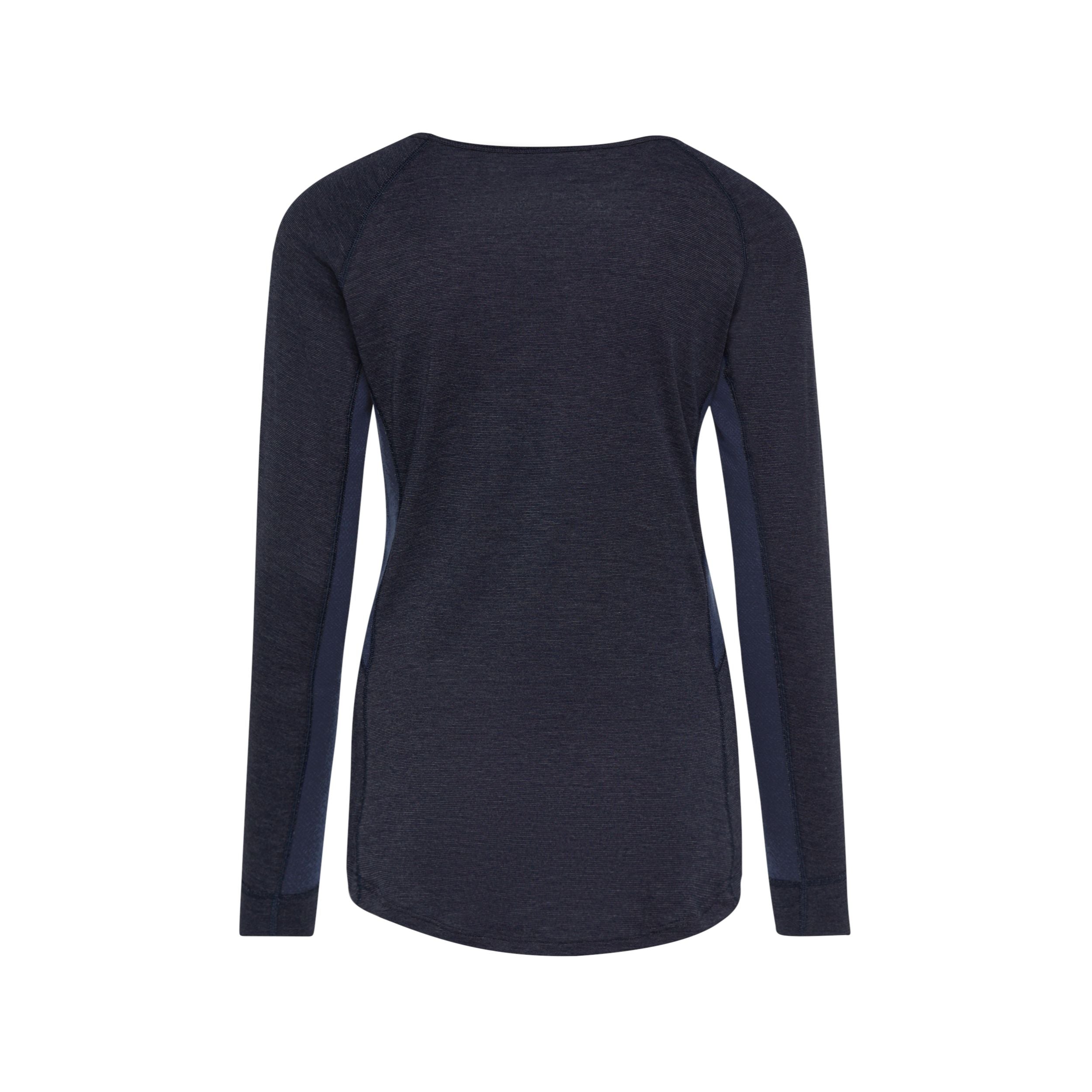 Rückenansicht eines langärmeligen, dunkelmarinefarbenen Sportoberteils mit helleren marineblauen Seitenteilen und einem abgerundeten Saum, dargestellt auf einem einfarbig weißen Hintergrund.