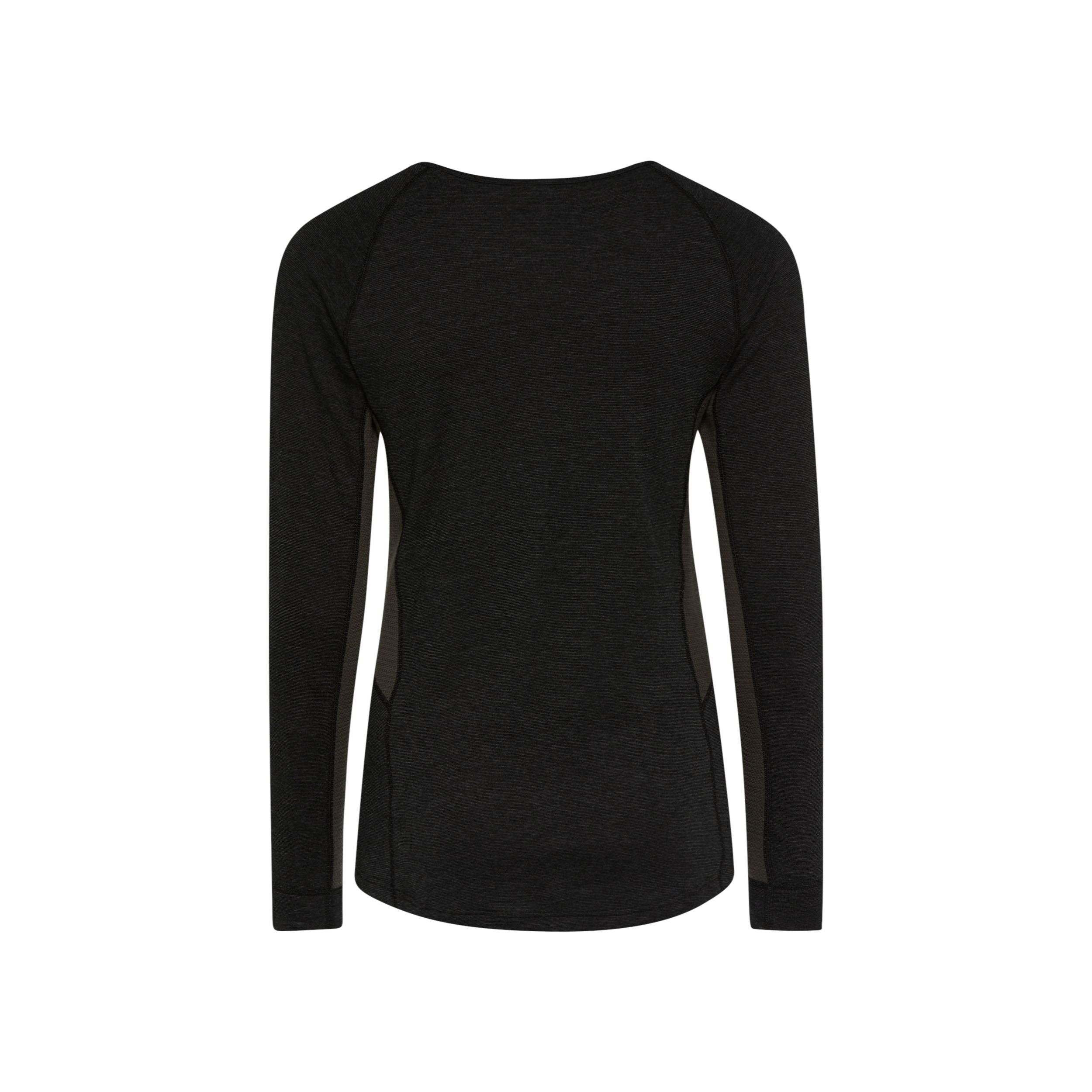Schwarzes langärmeliges Sportshirt mit Rundhalsausschnitt und taillierter Passform, von hinten auf weißem Hintergrund.