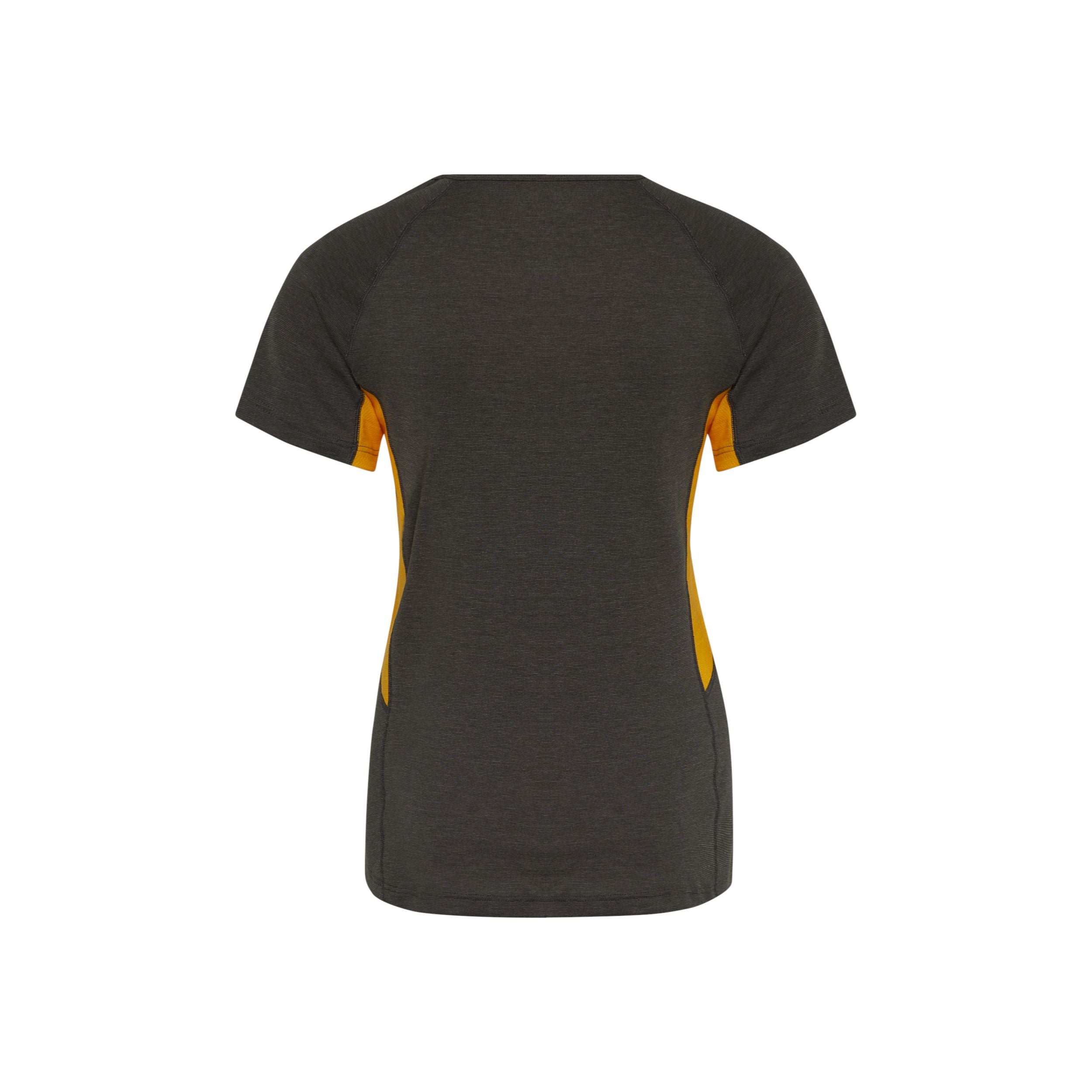 Ein dunkelgraues, kurzärmeliges Sport-T-Shirt mit gelben Seitenteilen, von hinten auf weißem Hintergrund.