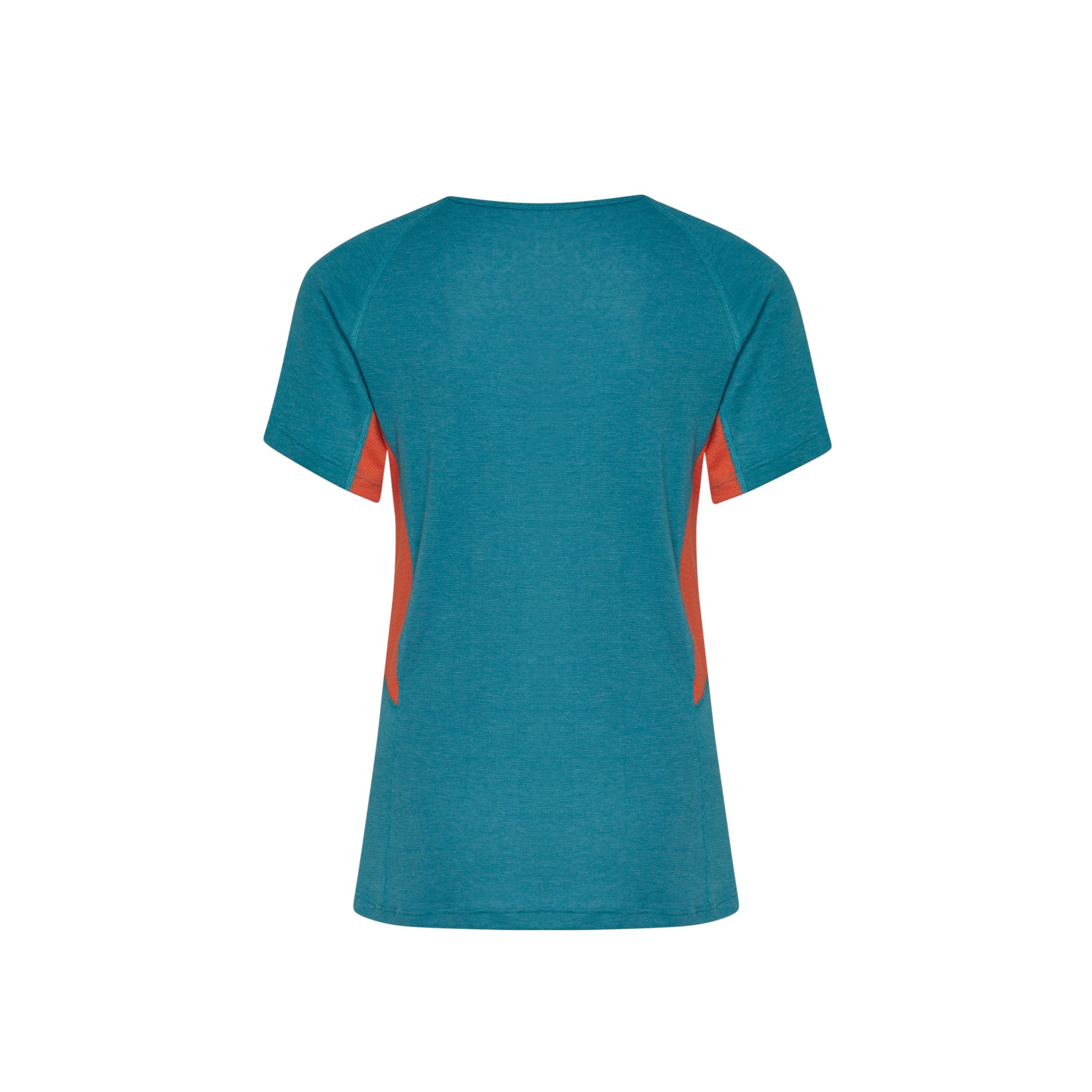 Ein blaugrünes, kurzärmeliges Sport-T-Shirt mit orangefarbenen Seitenteilen, das von hinten auf weißem Hintergrund abgebildet ist.