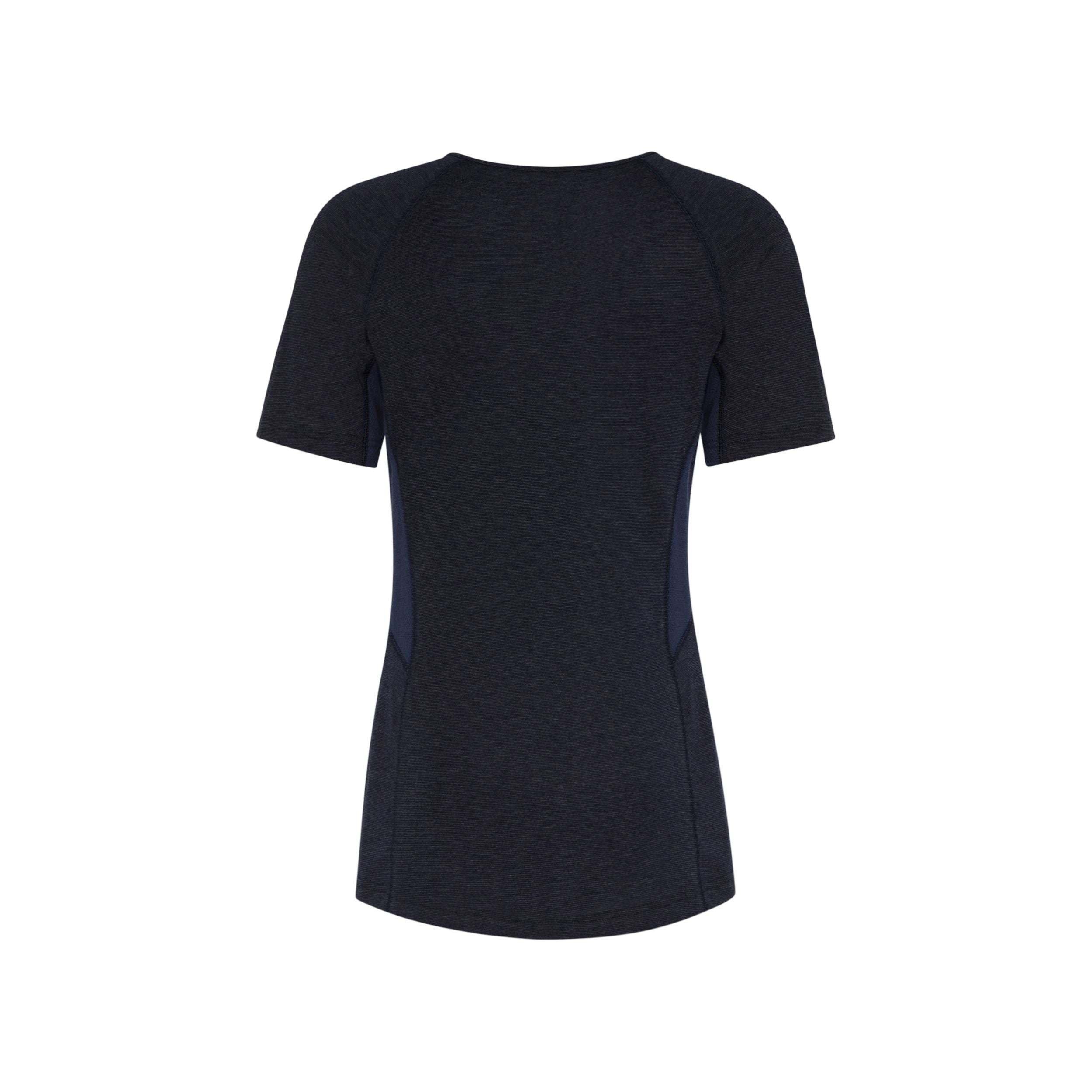 Ein tailliertes, kurzärmeliges, dunkelgraues Sport-T-Shirt ist von hinten vor einem weißen Hintergrund abgebildet. Das Shirt hat dezente Seiteneinsätze und einen abgerundeten Saum.