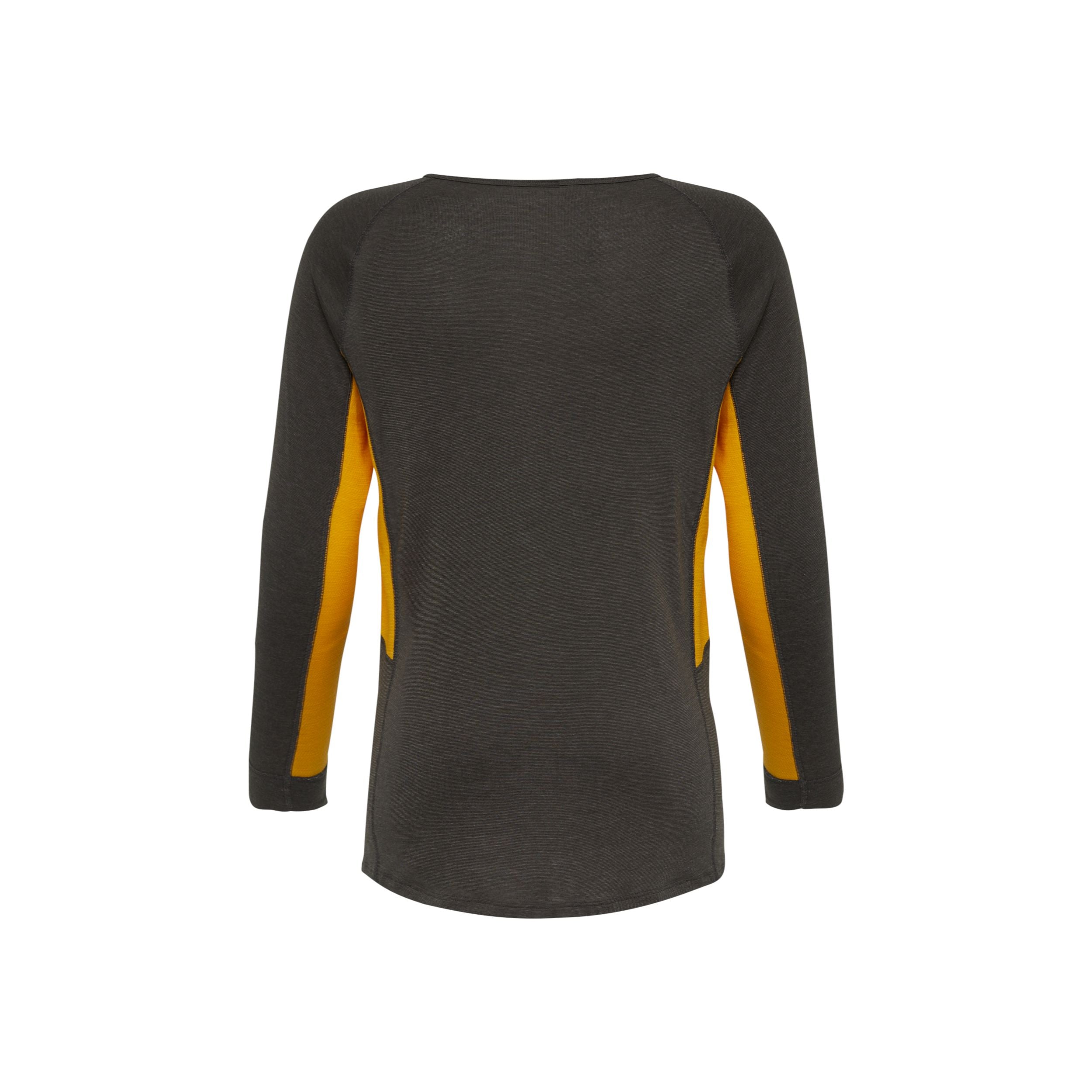 Ein langärmeliges, dunkelgraues Hemd mit gelben Einsätzen an den Seiten der Ärmel und des Oberkörpers, von hinten gesehen. Das Hemd hat ein einfaches, sportliches Design.